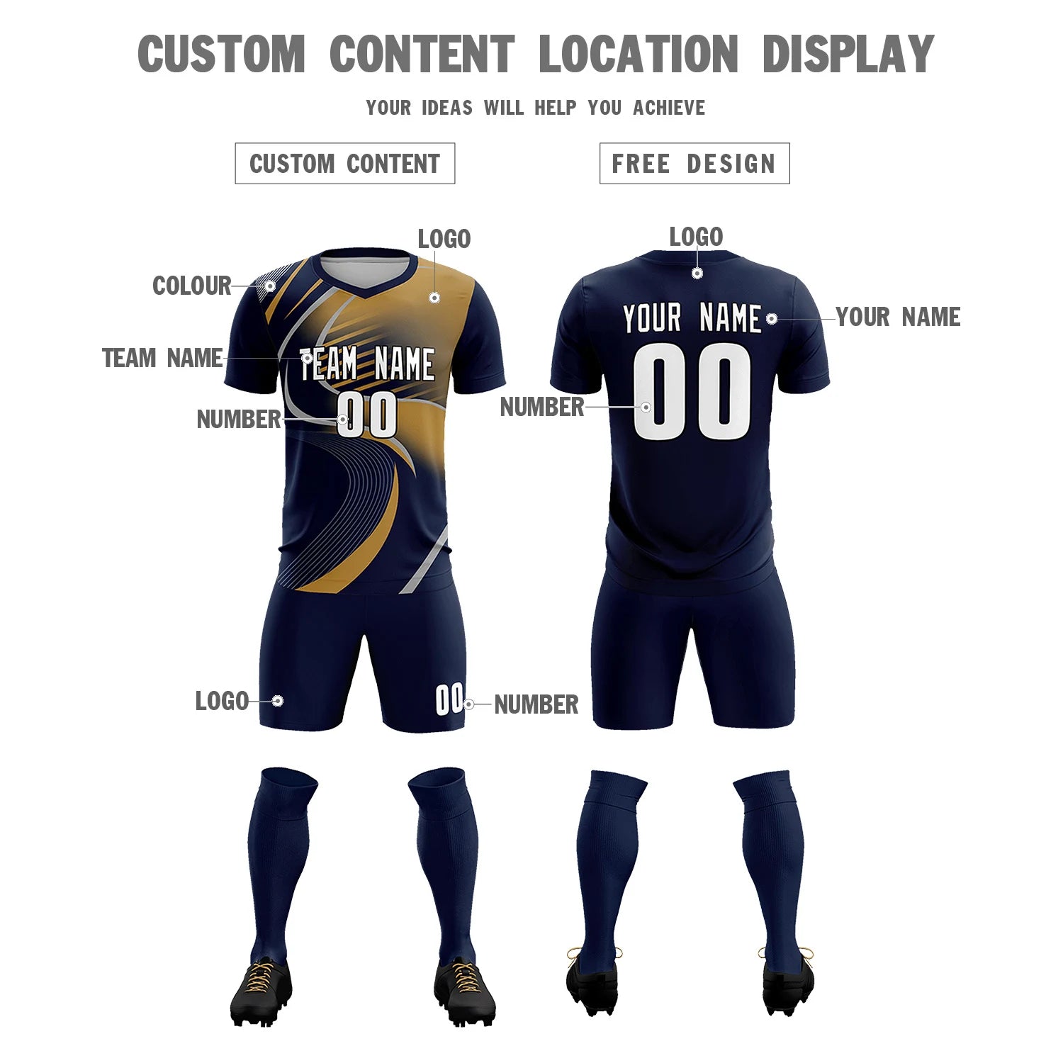 Custom Navy Gray-Old Gold Casual Printing Sportswear Soccer Sets Jersey