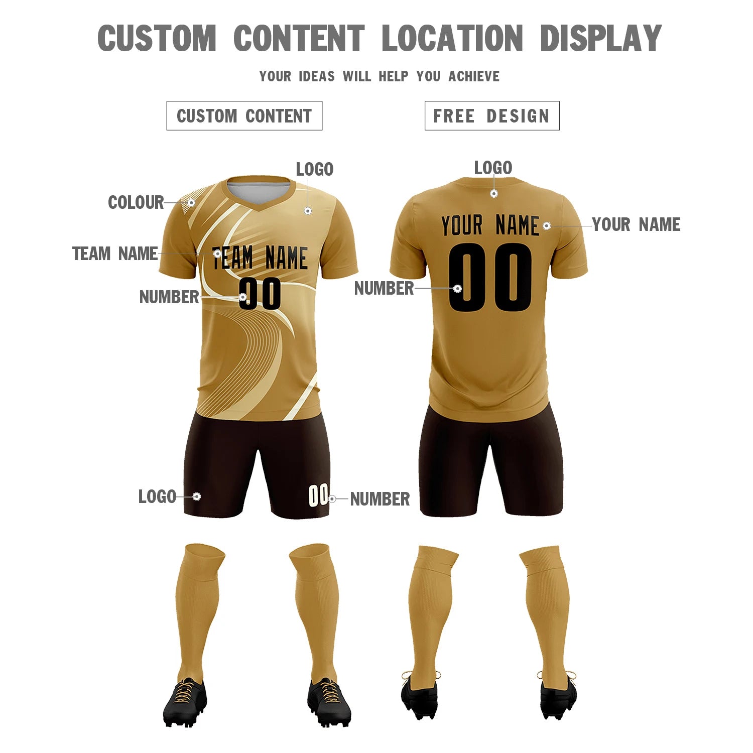 Custom Old Gold Khaki-Khaki Casual Printing Sportswear Soccer Sets Jersey
