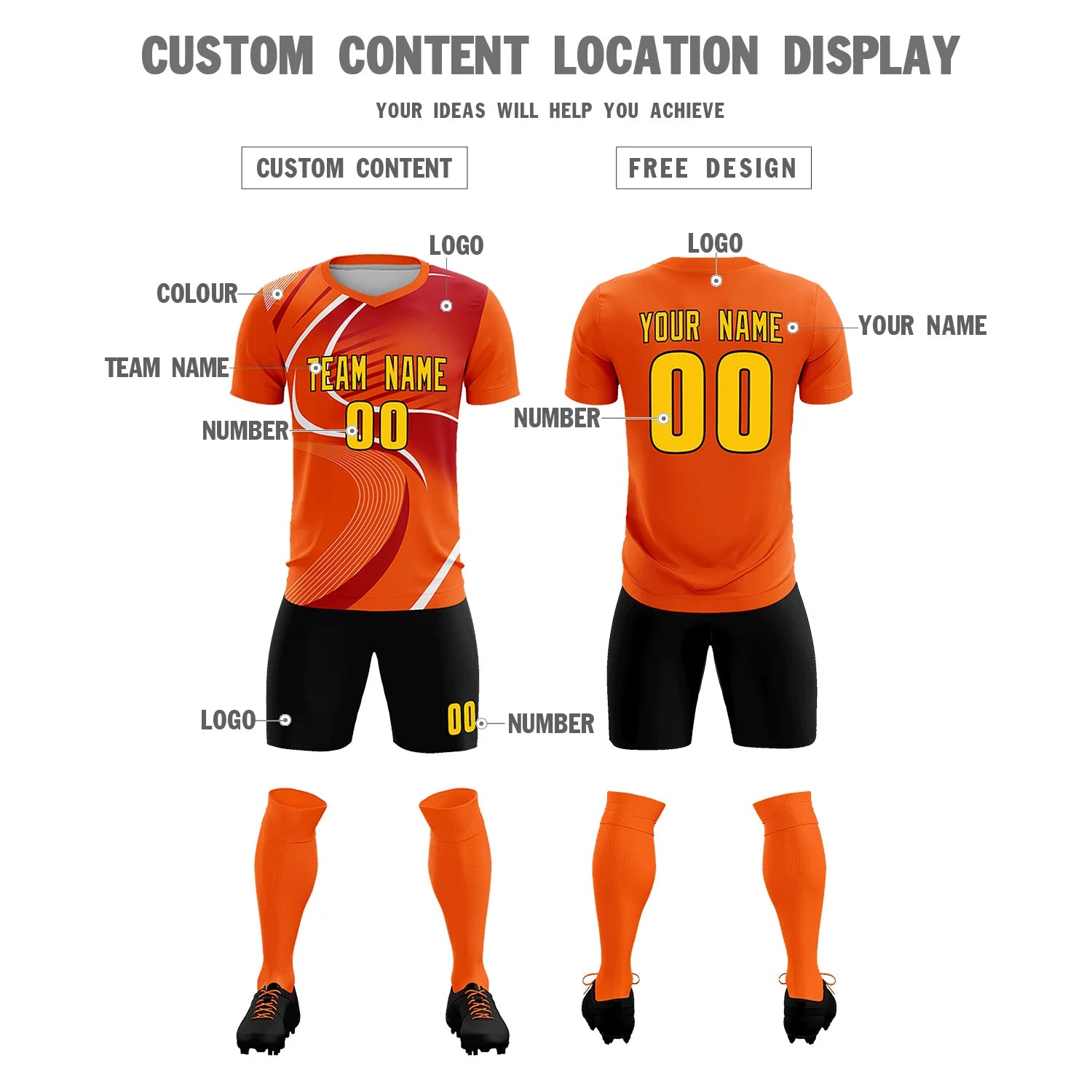 Custom Orange White-Red Casual Printing Sportswear Soccer Sets Jersey