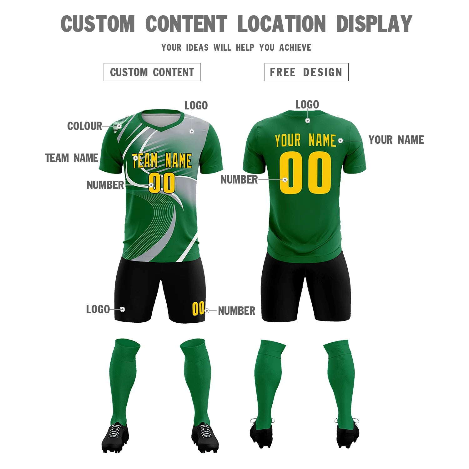 Custom Kelly Green White-Gray Casual Printing Sportswear Soccer Sets Jersey