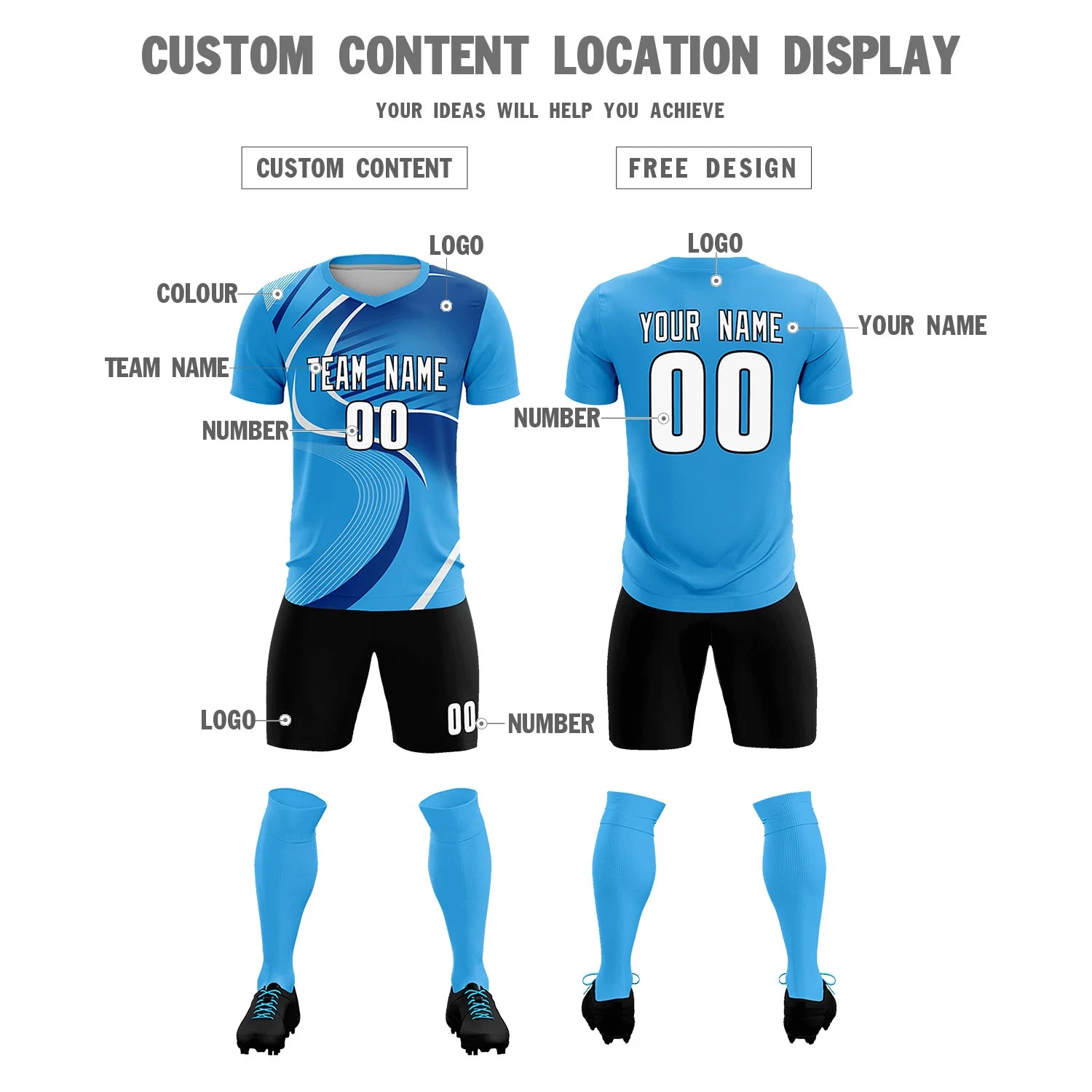 Custom Powder Blue White-Navy Casual Printing Sportswear Soccer Sets Jersey