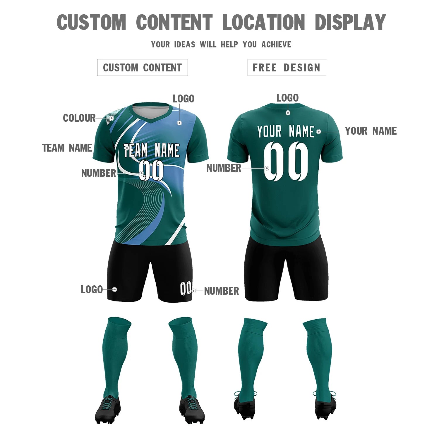 Custom Midnight Green White-Light Blue Casual Printing Sportswear Soccer Sets Jersey