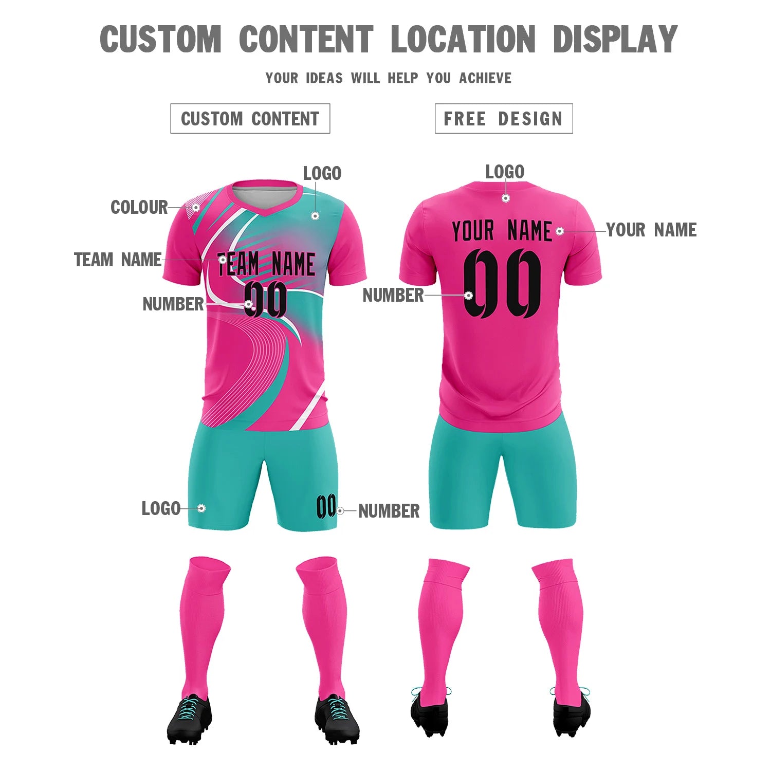 Custom Pink White-Bright Green Casual Printing Sportswear Soccer Sets Jersey