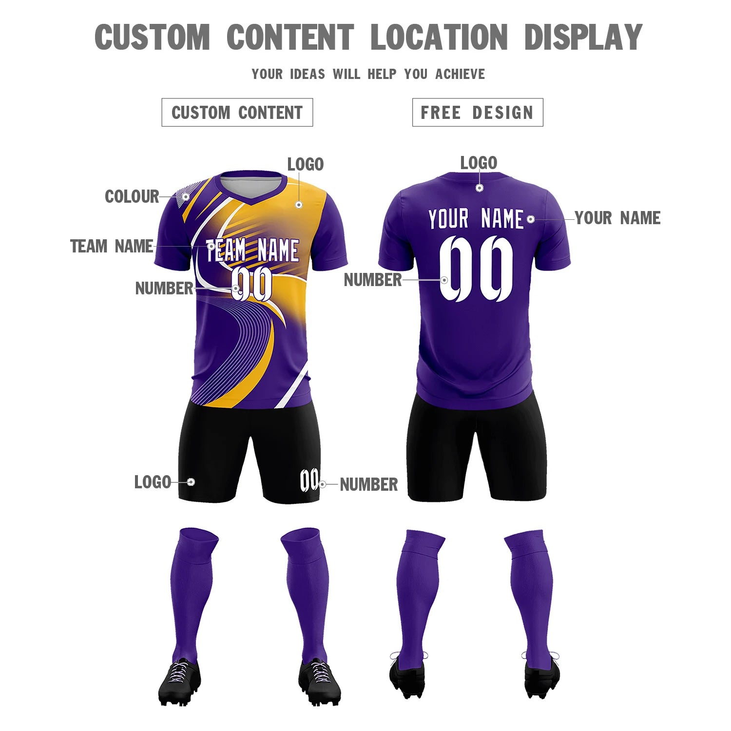 Custom Purple White-Gold01 Casual Printing Sportswear Soccer Sets Jersey