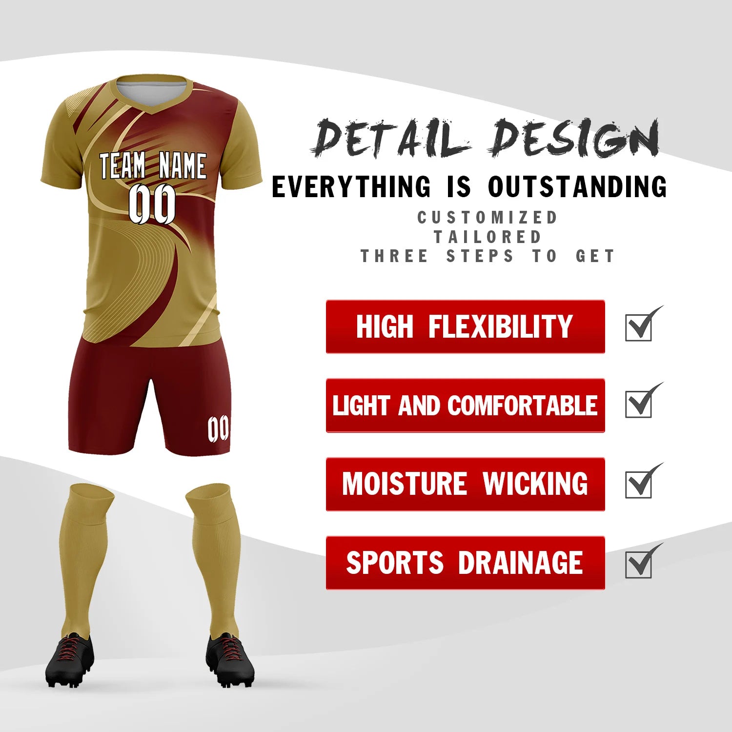 Custom Old Gold Khaki-Crimson Casual Printing Sportswear Soccer Sets Jersey