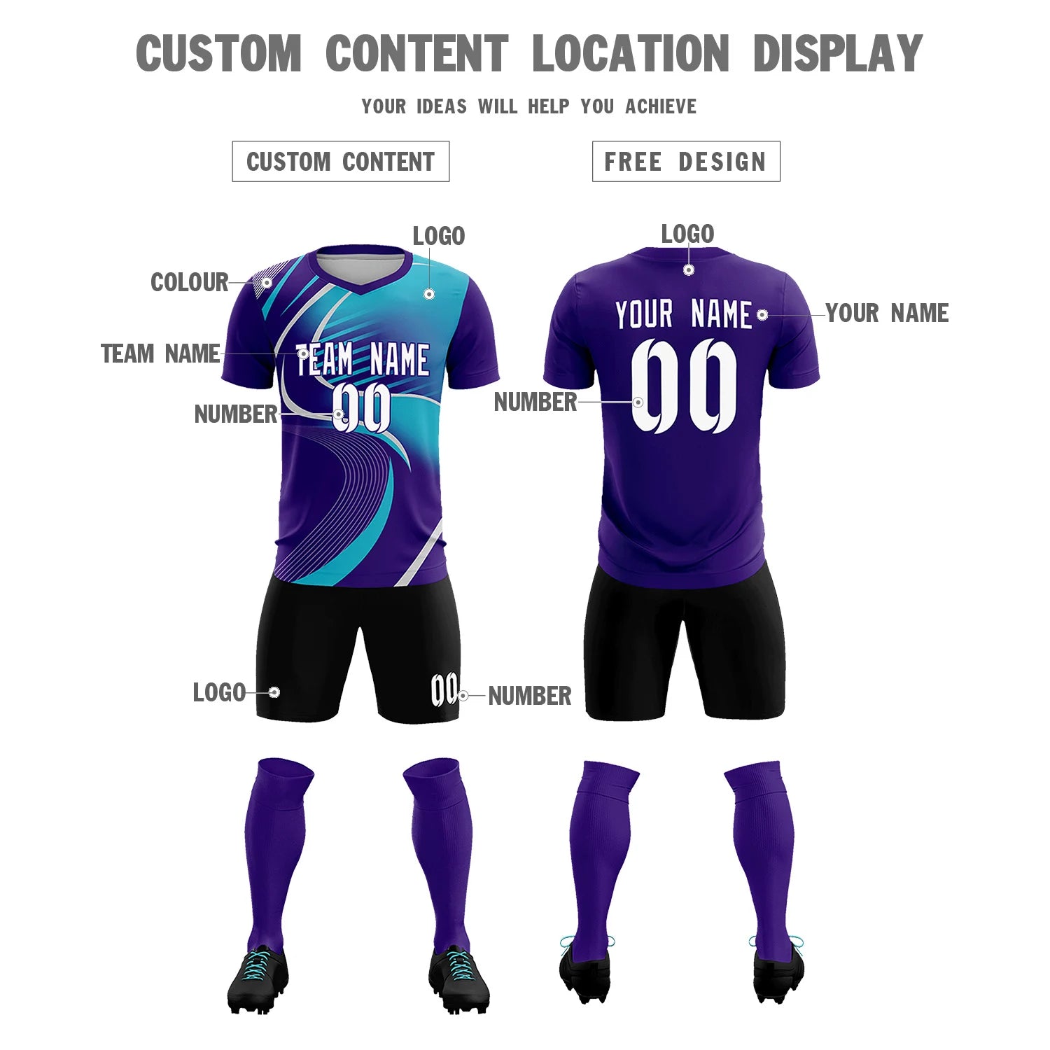 Custom Purple Gray-Aqua Casual Printing Sportswear Soccer Sets Jersey