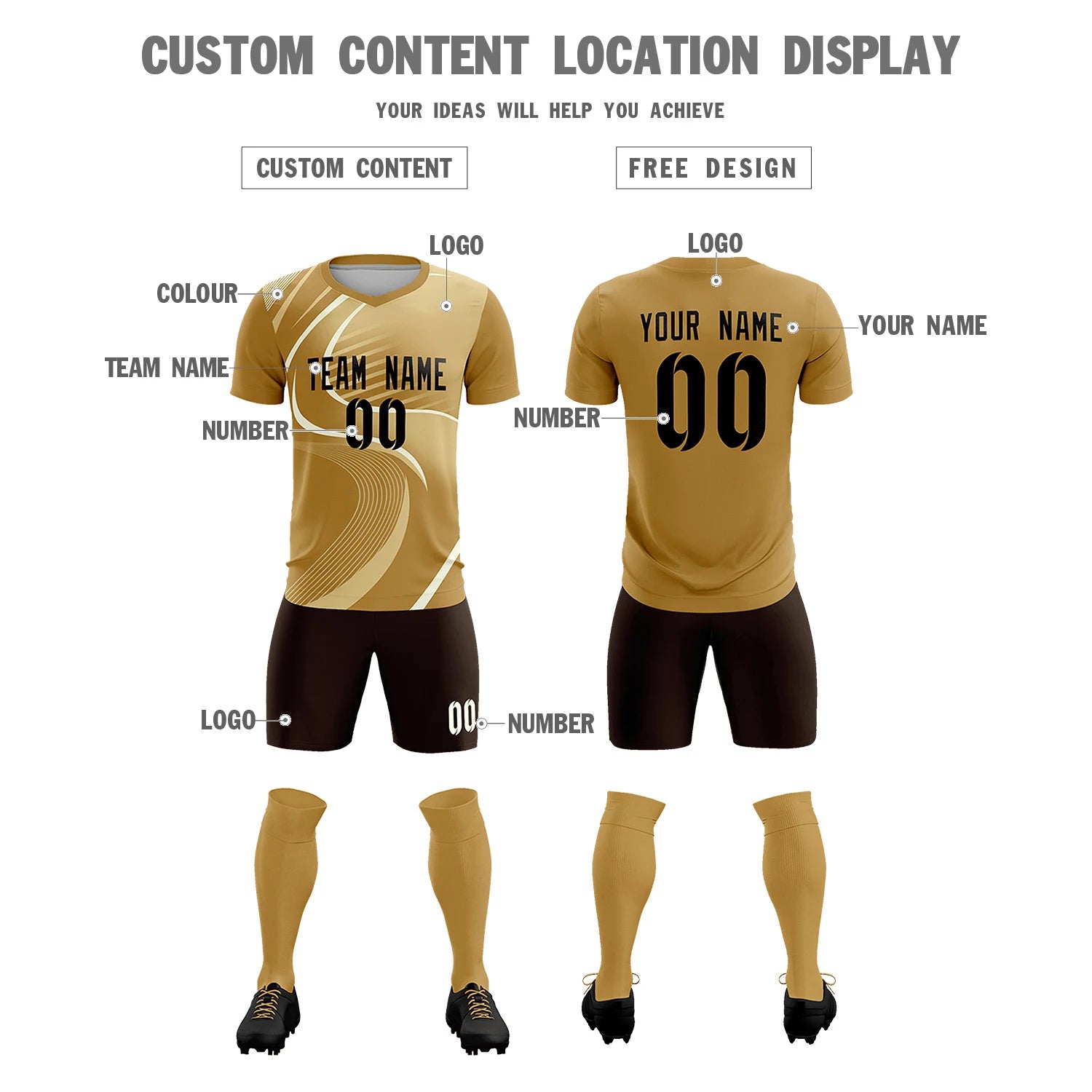 Custom Old Gold Khaki-Khaki Casual Printing Sportswear Soccer Sets Jersey