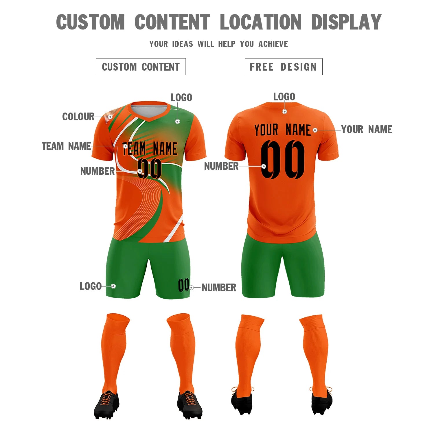 Custom Orange White-Kelly Green Casual Printing Sportswear Soccer Sets Jersey
