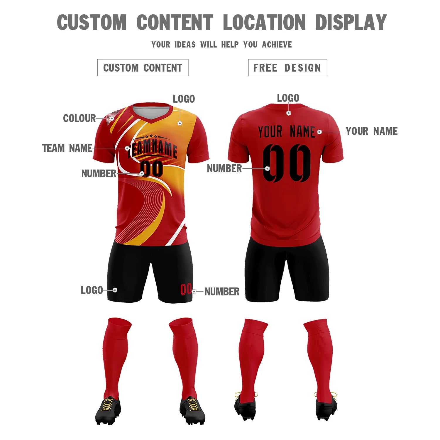 Custom Red White-Yellow Casual Printing Sportswear Soccer Sets Jersey