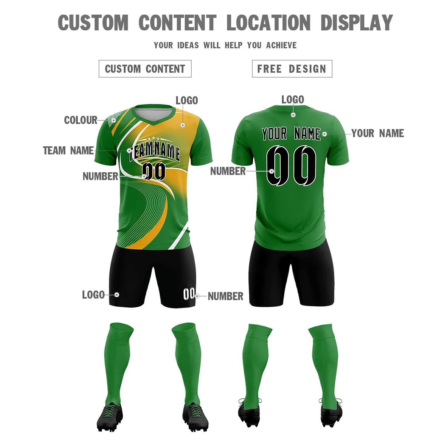 Custom Kelly Green White-Yellow Casual Printing Sportswear Soccer Sets Jersey