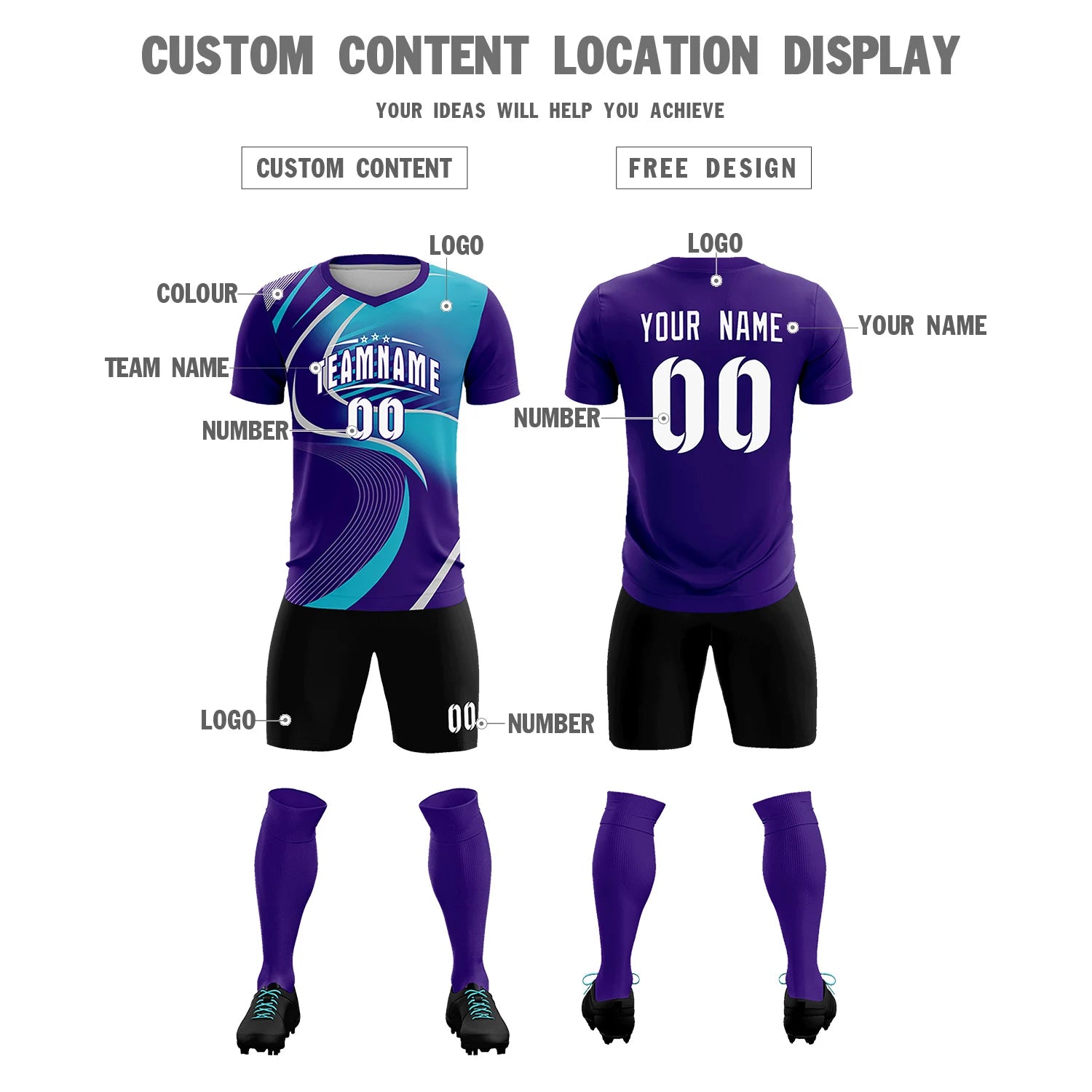 Custom Purple Gray-Aqua Casual Printing Sportswear Soccer Sets Jersey