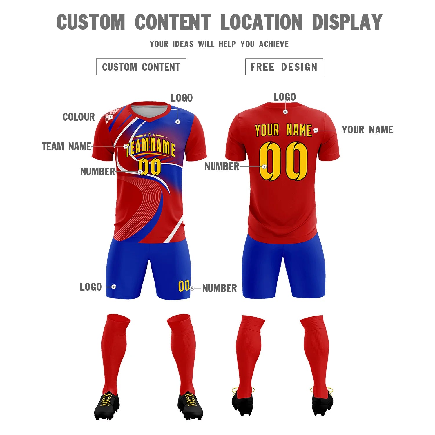 Custom Red White-Royal Blue Casual Printing Sportswear Soccer Sets Jersey
