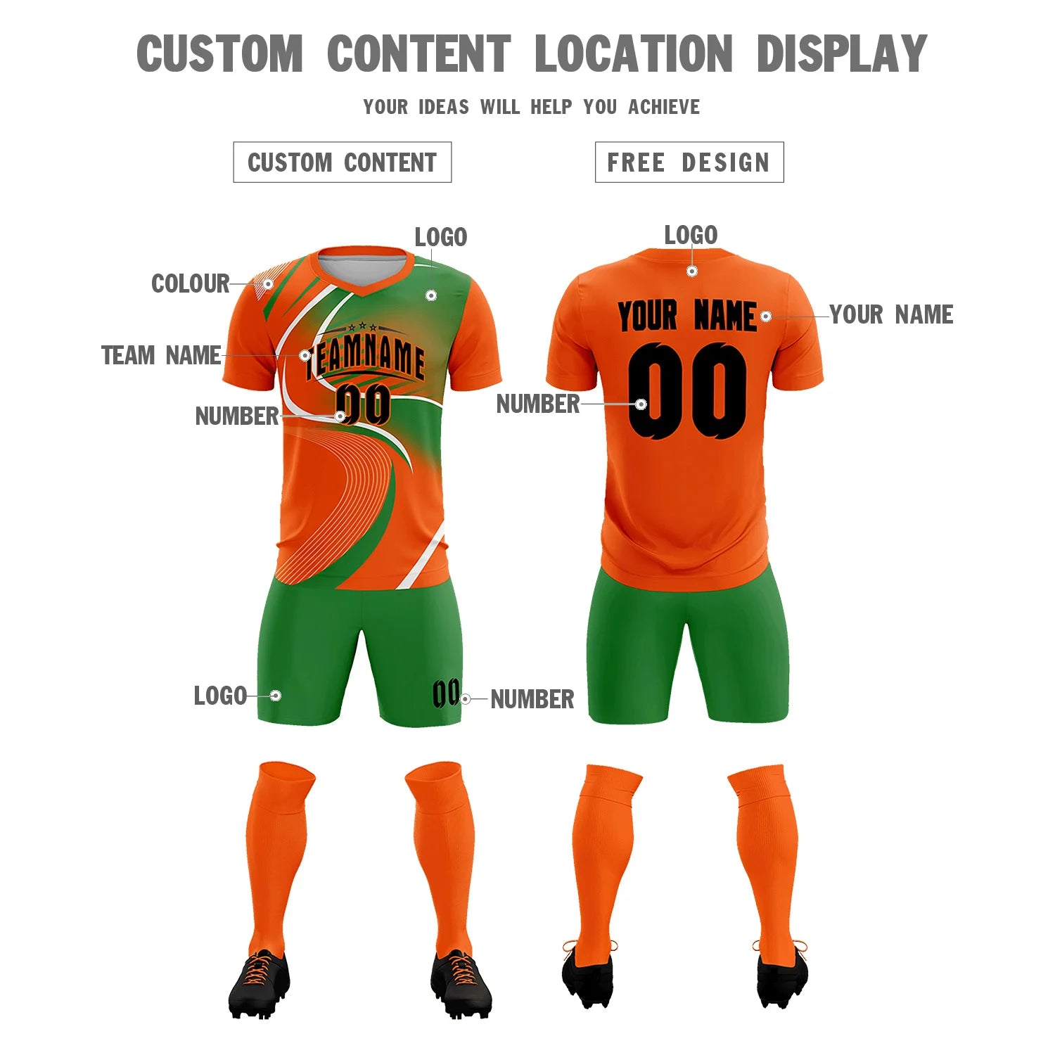 Custom Orange White-Kelly Green Casual Printing Sportswear Soccer Sets Jersey