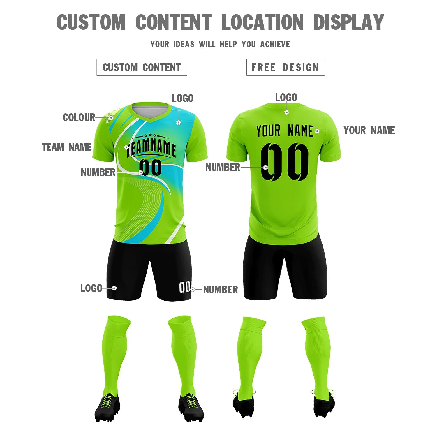 Custom Neon Green White-Sky Blue Casual Printing Sportswear Soccer Sets Jersey