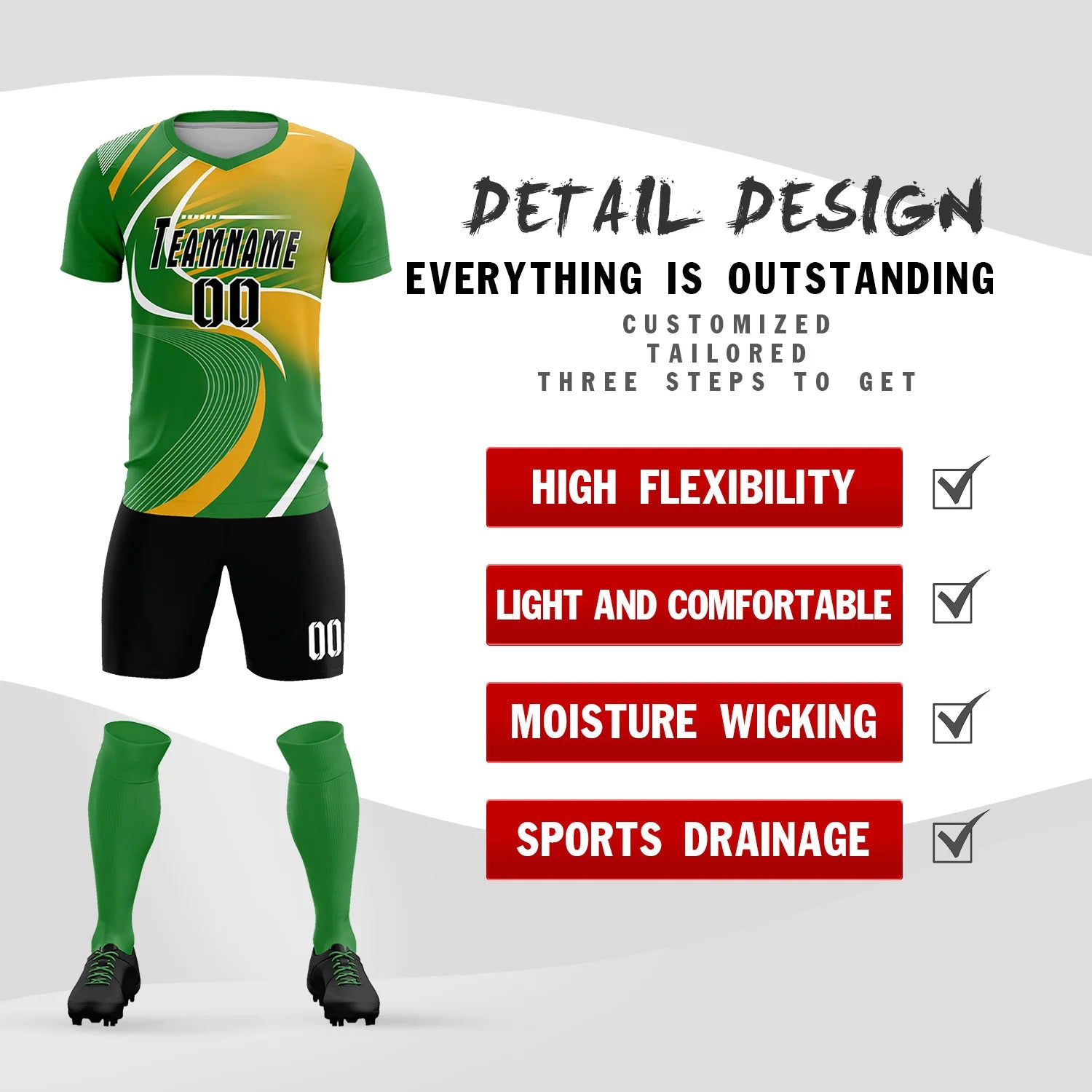 Custom Kelly Green White-Yellow Casual Printing Sportswear Soccer Sets Jersey