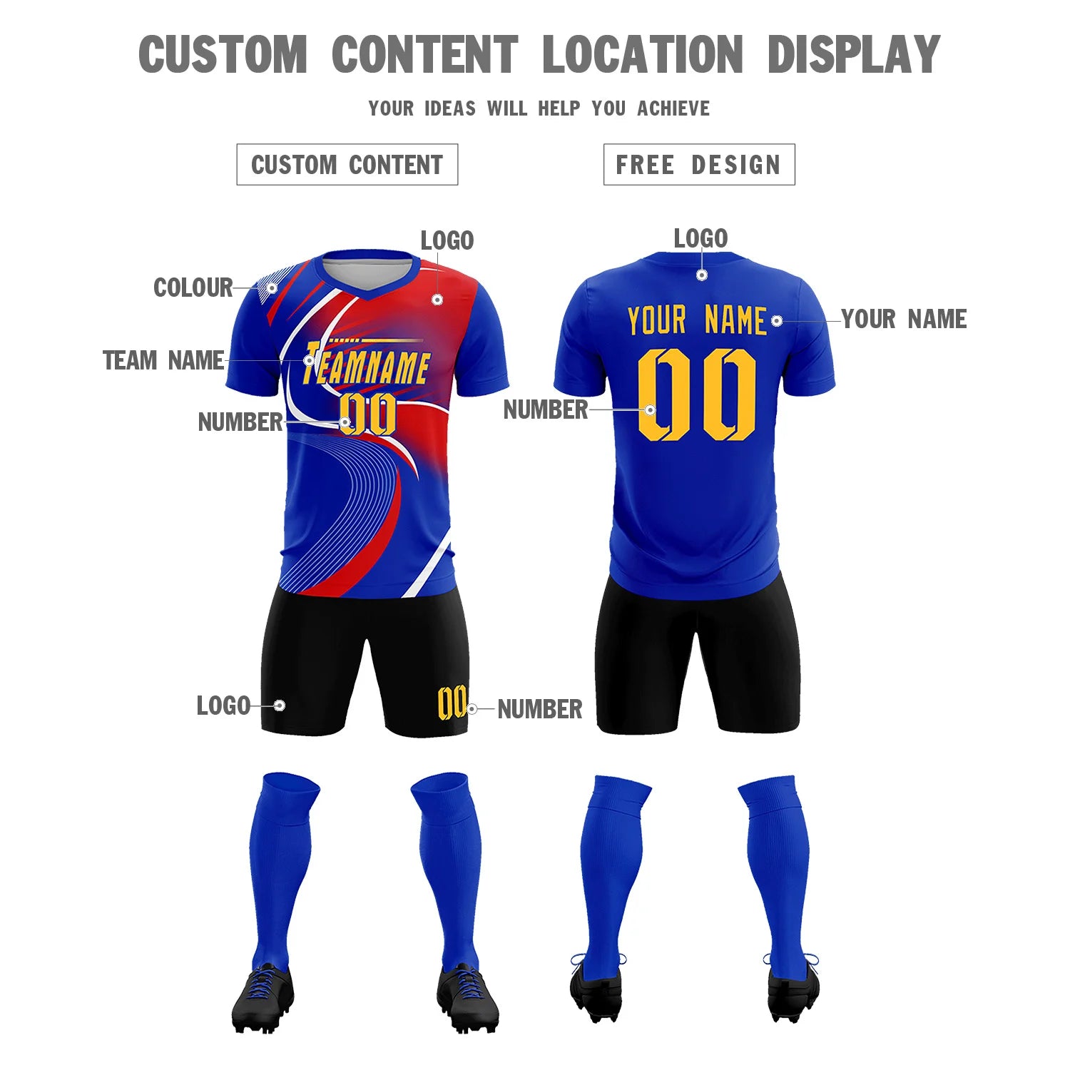 Custom Royal Blue White-Red Casual Printing Sportswear Soccer Sets Jersey