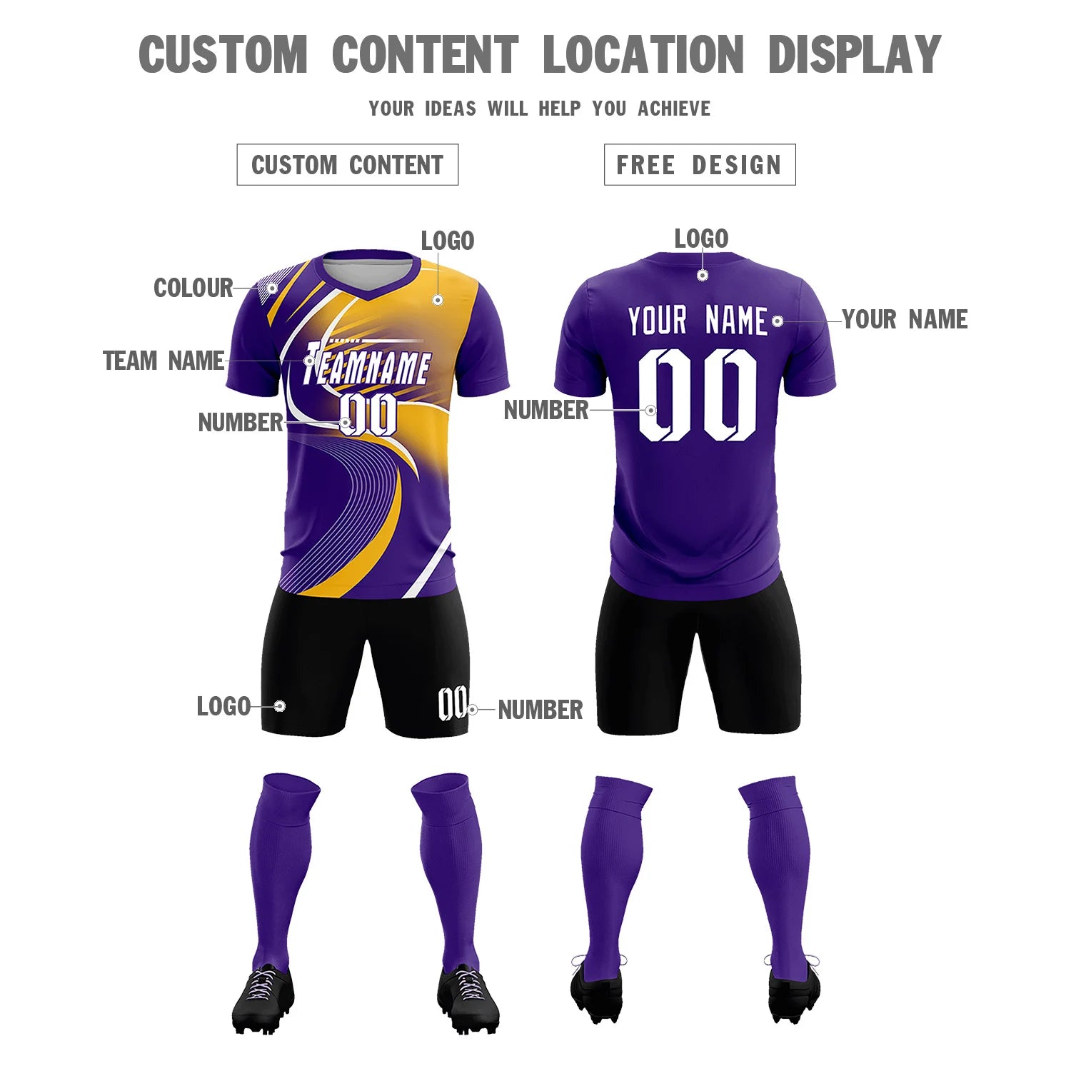 Custom Purple White-Gold01 Casual Printing Sportswear Soccer Sets Jersey