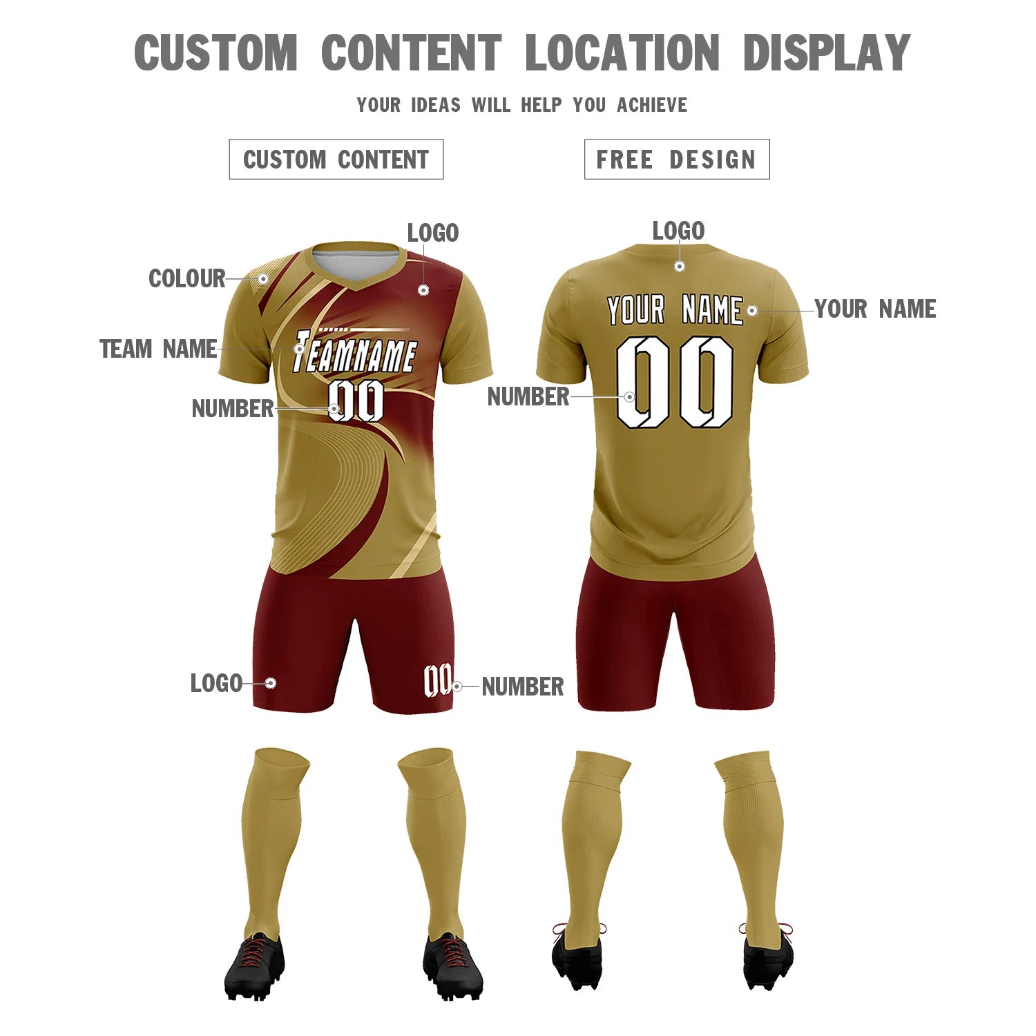 Custom Old Gold Khaki-Crimson Casual Printing Sportswear Soccer Sets Jersey