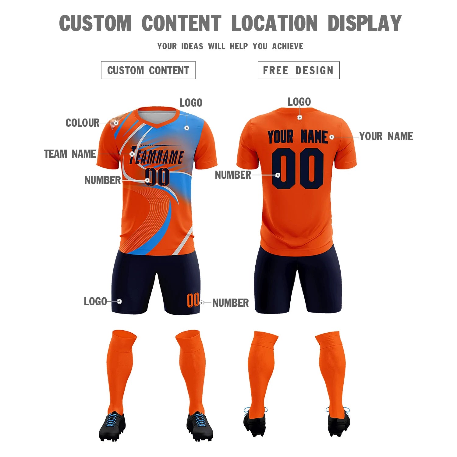 Custom Orange Gray-Light Blue Casual Printing Sportswear Soccer Sets Jersey