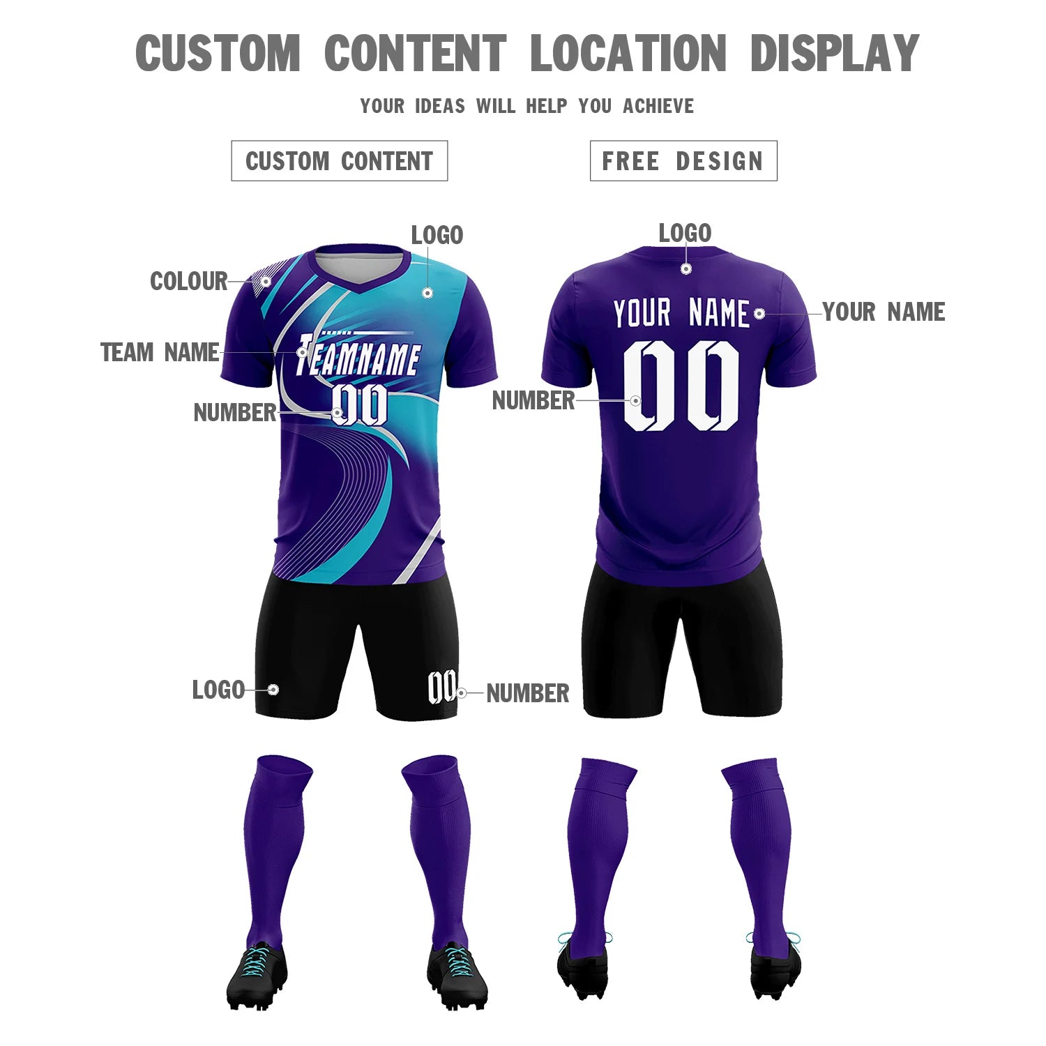 Custom Purple Gray-Aqua Casual Printing Sportswear Soccer Sets Jersey