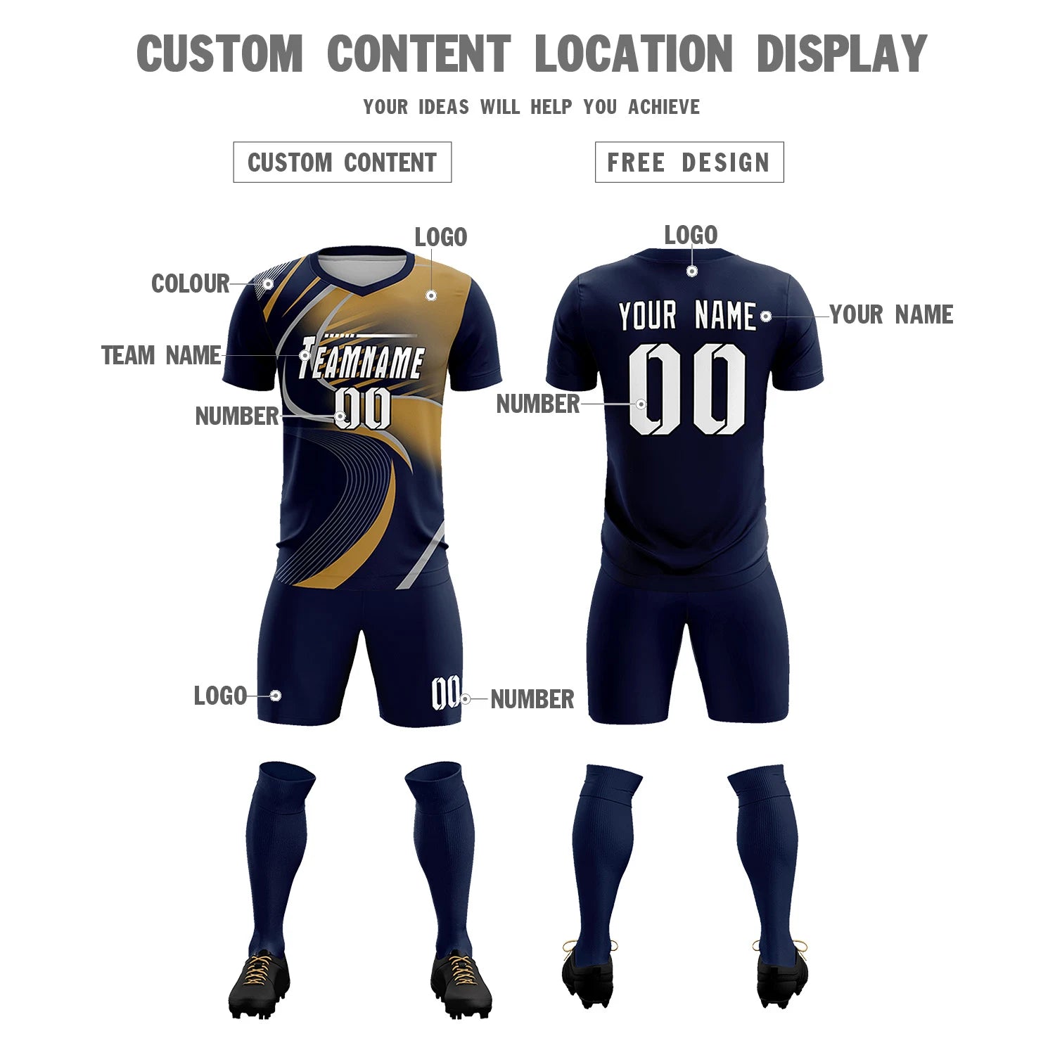Custom Navy Gray-Old Gold Casual Printing Sportswear Soccer Sets Jersey
