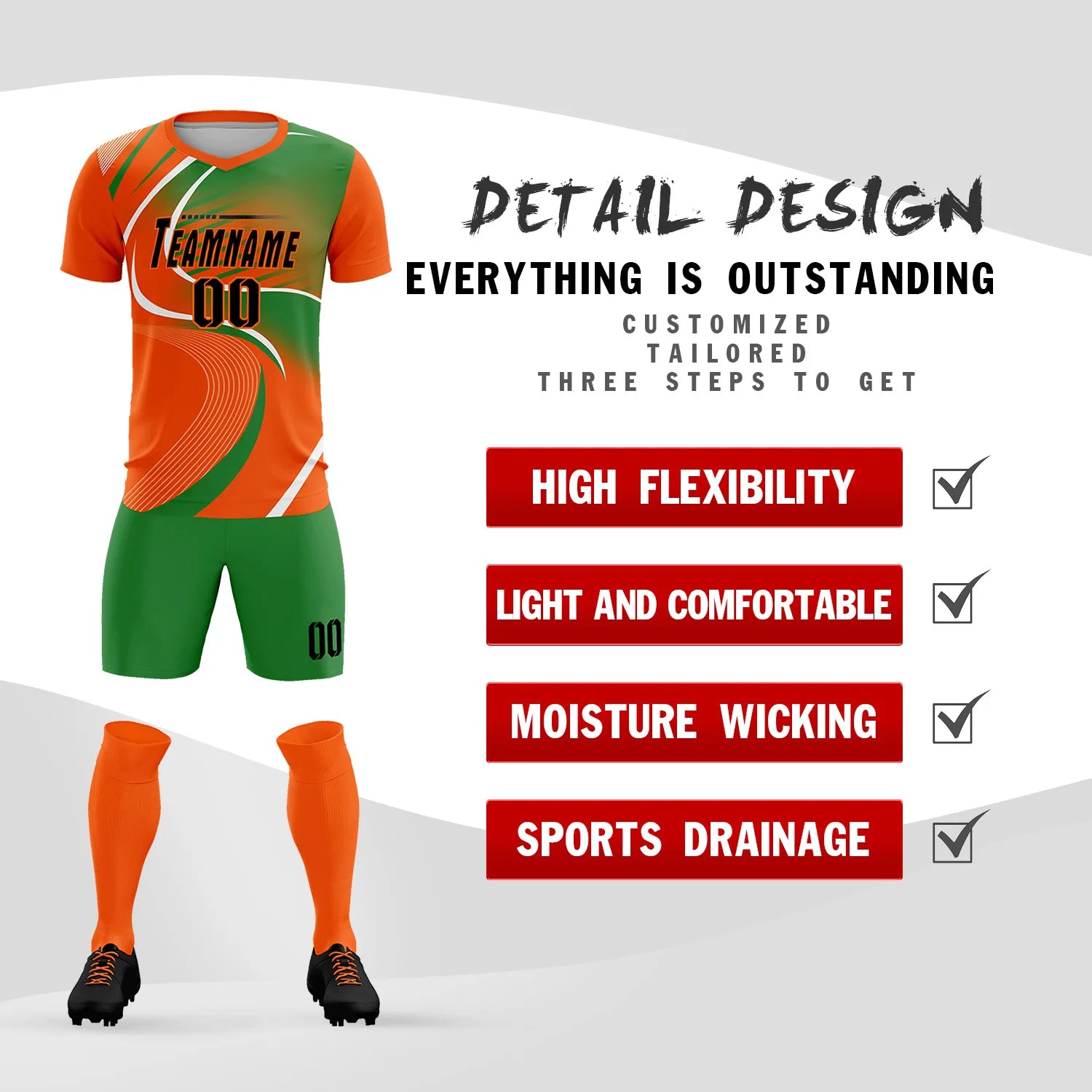 Custom Orange White-Kelly Green Casual Printing Sportswear Soccer Sets Jersey