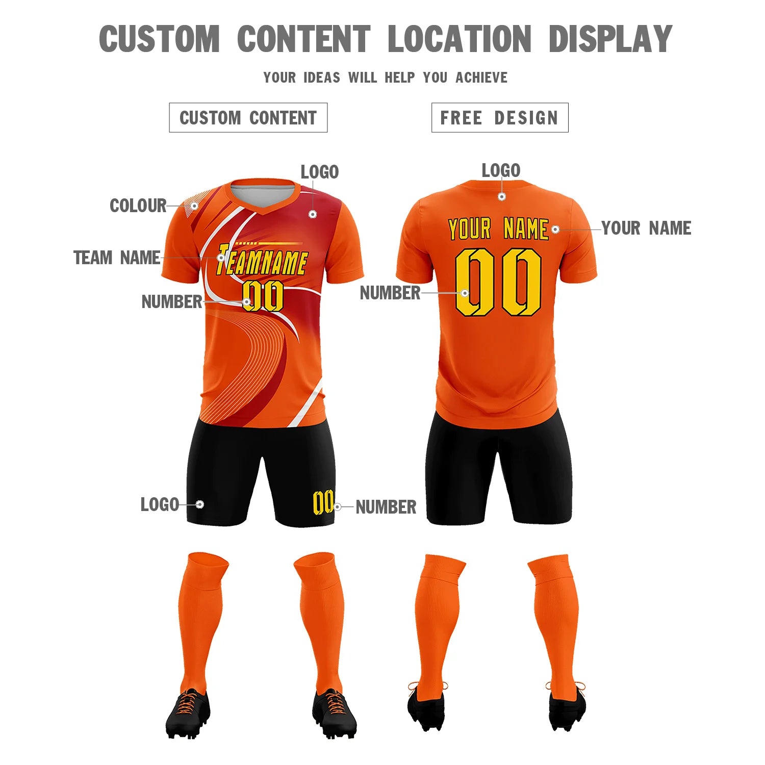 Custom Orange White-Red Casual Printing Sportswear Soccer Sets Jersey