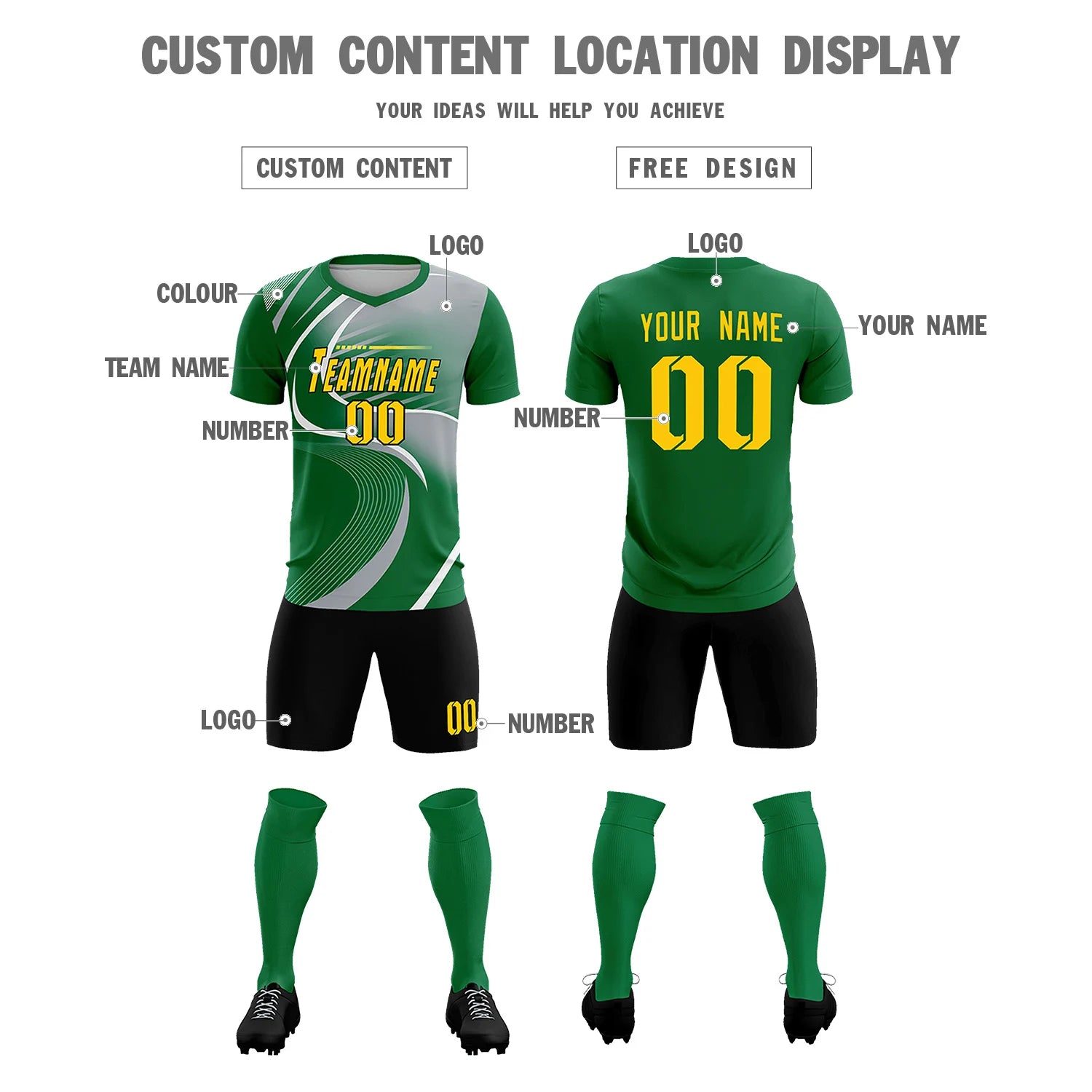 Custom Kelly Green White-Gray Casual Printing Sportswear Soccer Sets Jersey