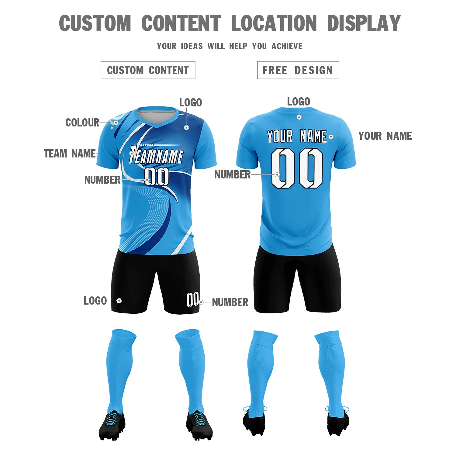 Custom Powder Blue White-Navy Casual Printing Sportswear Soccer Sets Jersey