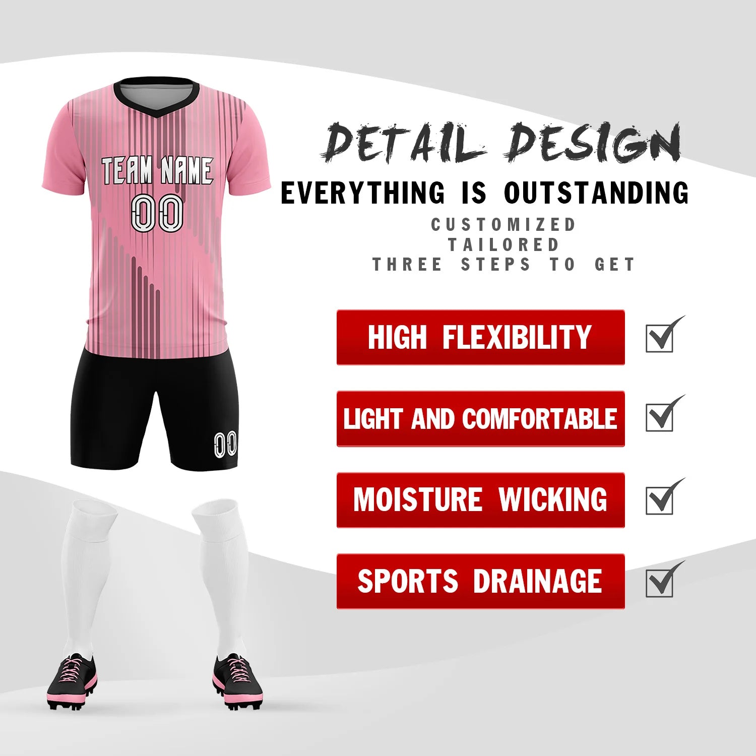 Custom Light Pink Black Soft Training Uniform Soccer Sets Jersey