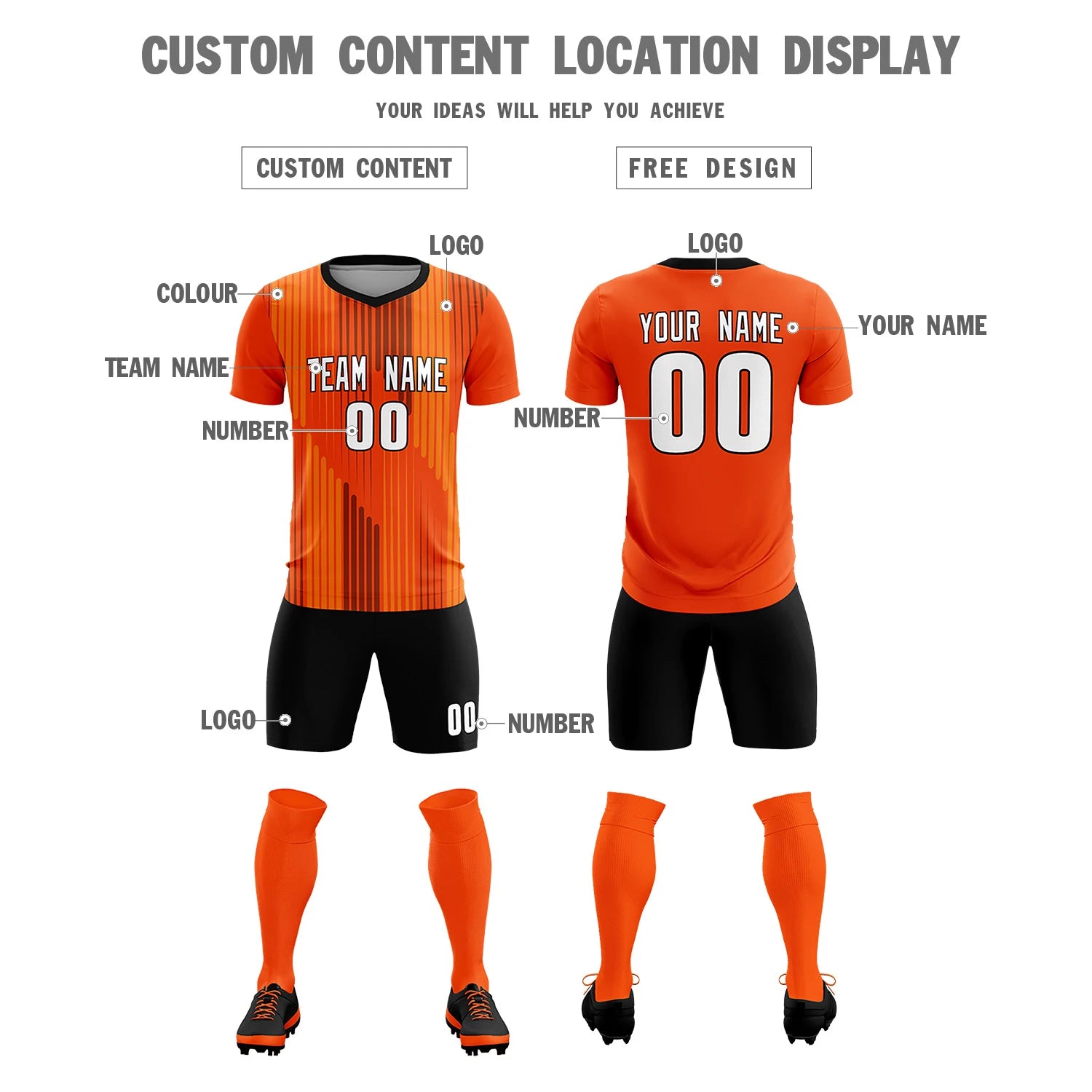 Custom Orange Black Soft Training Uniform Soccer Sets Jersey