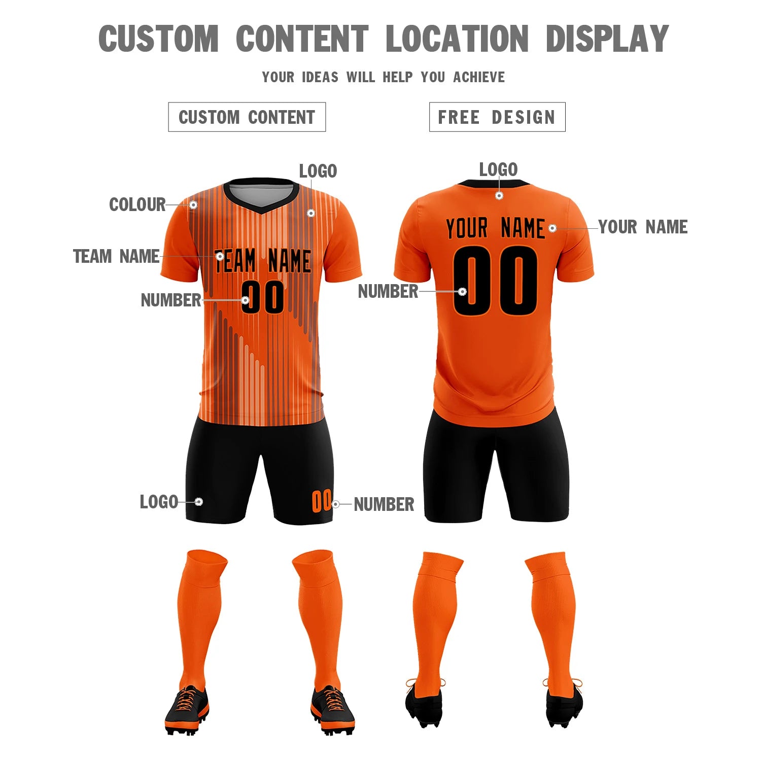 Custom Orange Black Soft Training Uniform Soccer Sets Jersey