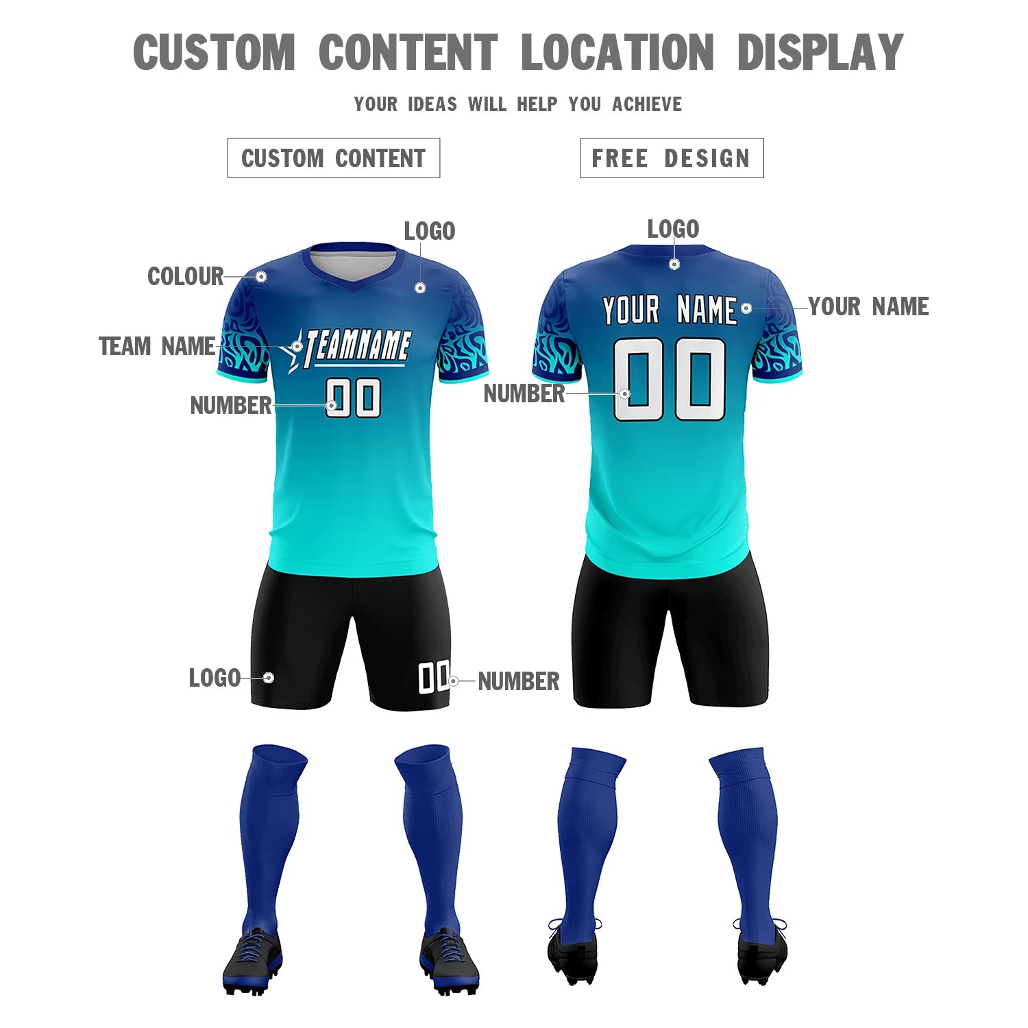 Custom Royal Blue Sky Blue Casual Printing Sportswear Soccer Sets Jersey