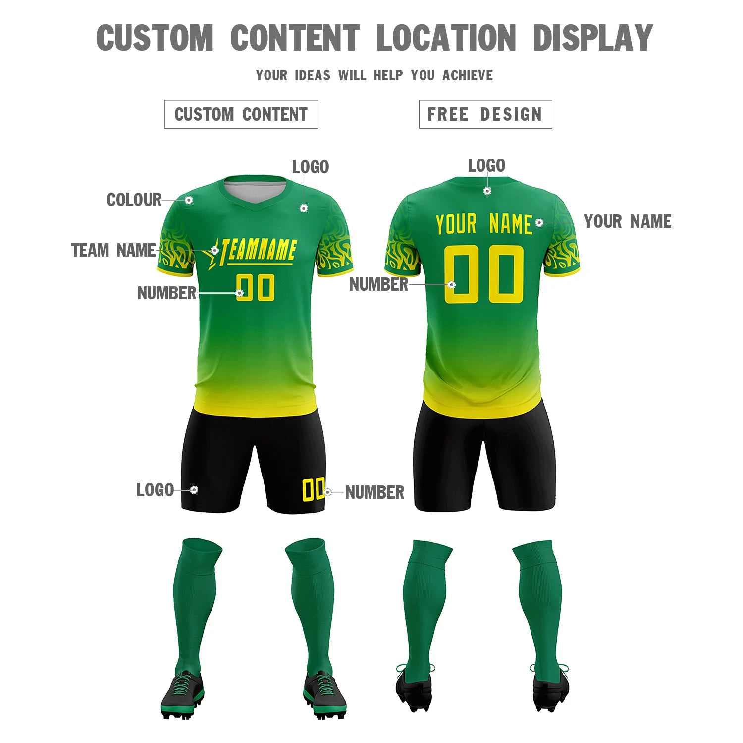 Custom Kelly Green Gold01 Casual Printing Sportswear Soccer Sets Jersey