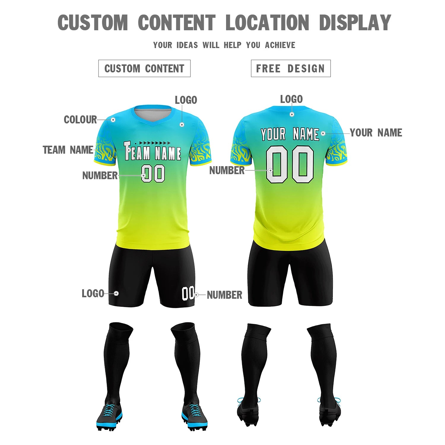 Custom Sky Blue Fluorescent Green Casual Printing Sportswear Soccer Sets Jersey