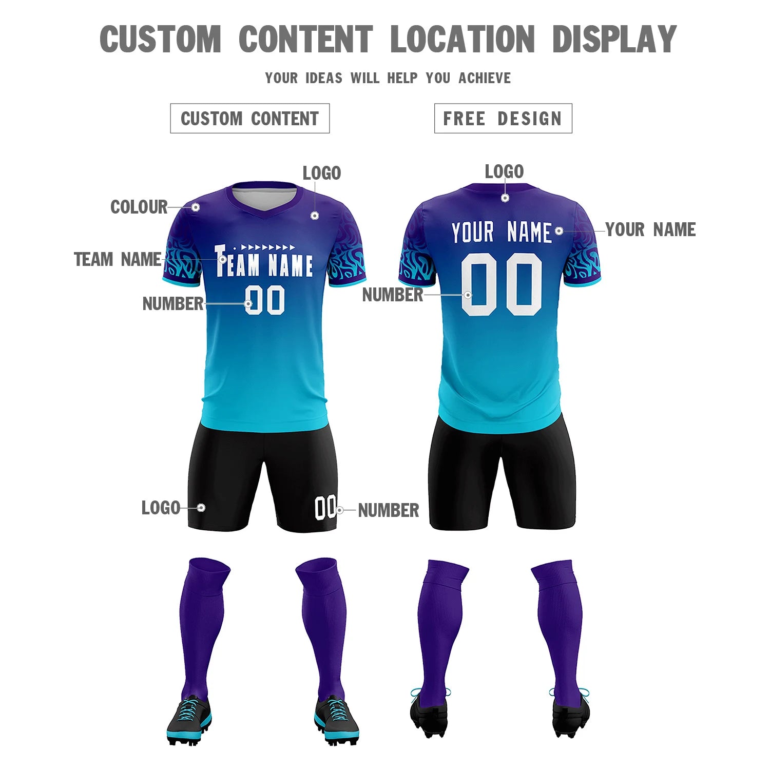 Custom Purple Powder Blue Casual Printing Sportswear Soccer Sets Jersey