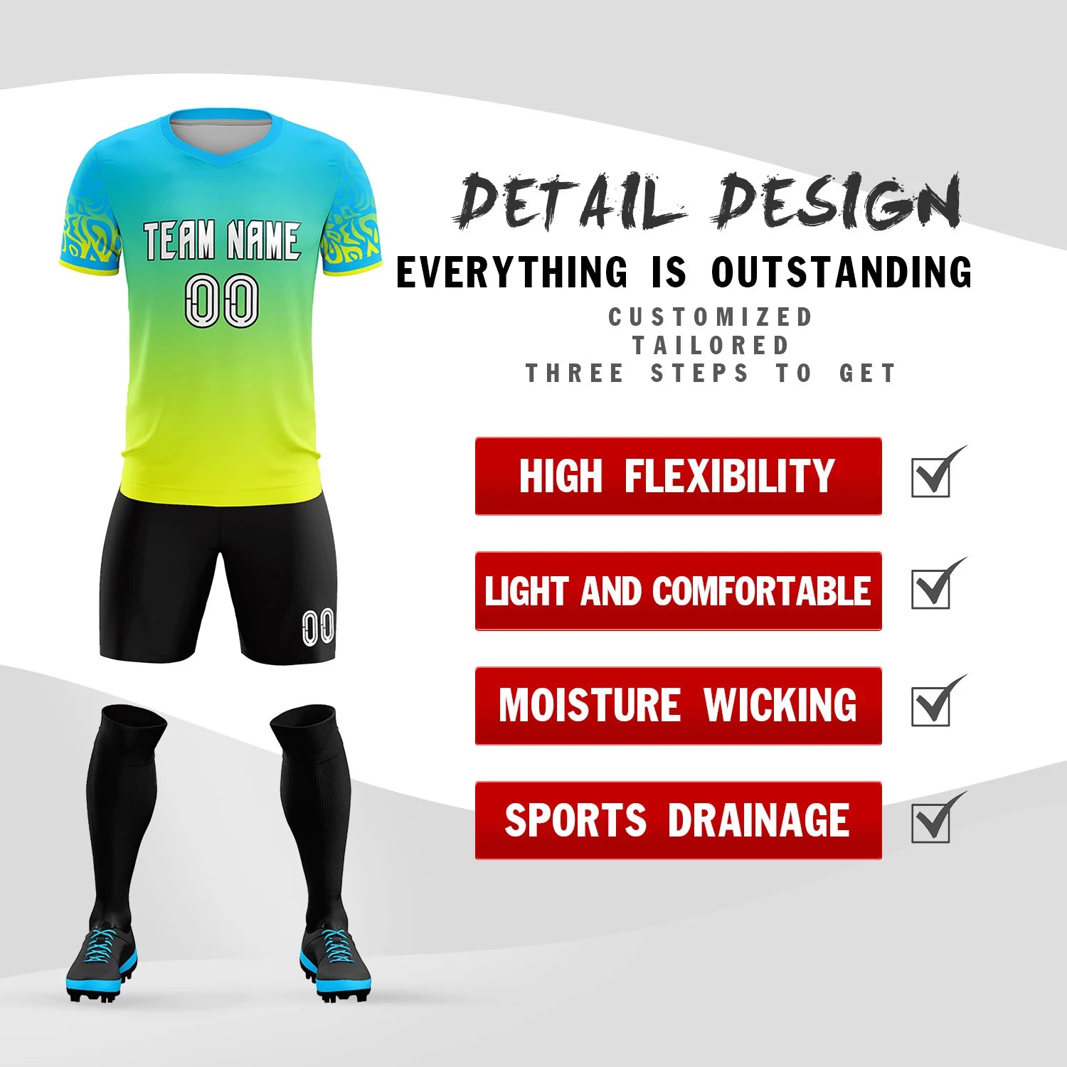 Custom Sky Blue Fluorescent Green Casual Printing Sportswear Soccer Sets Jersey