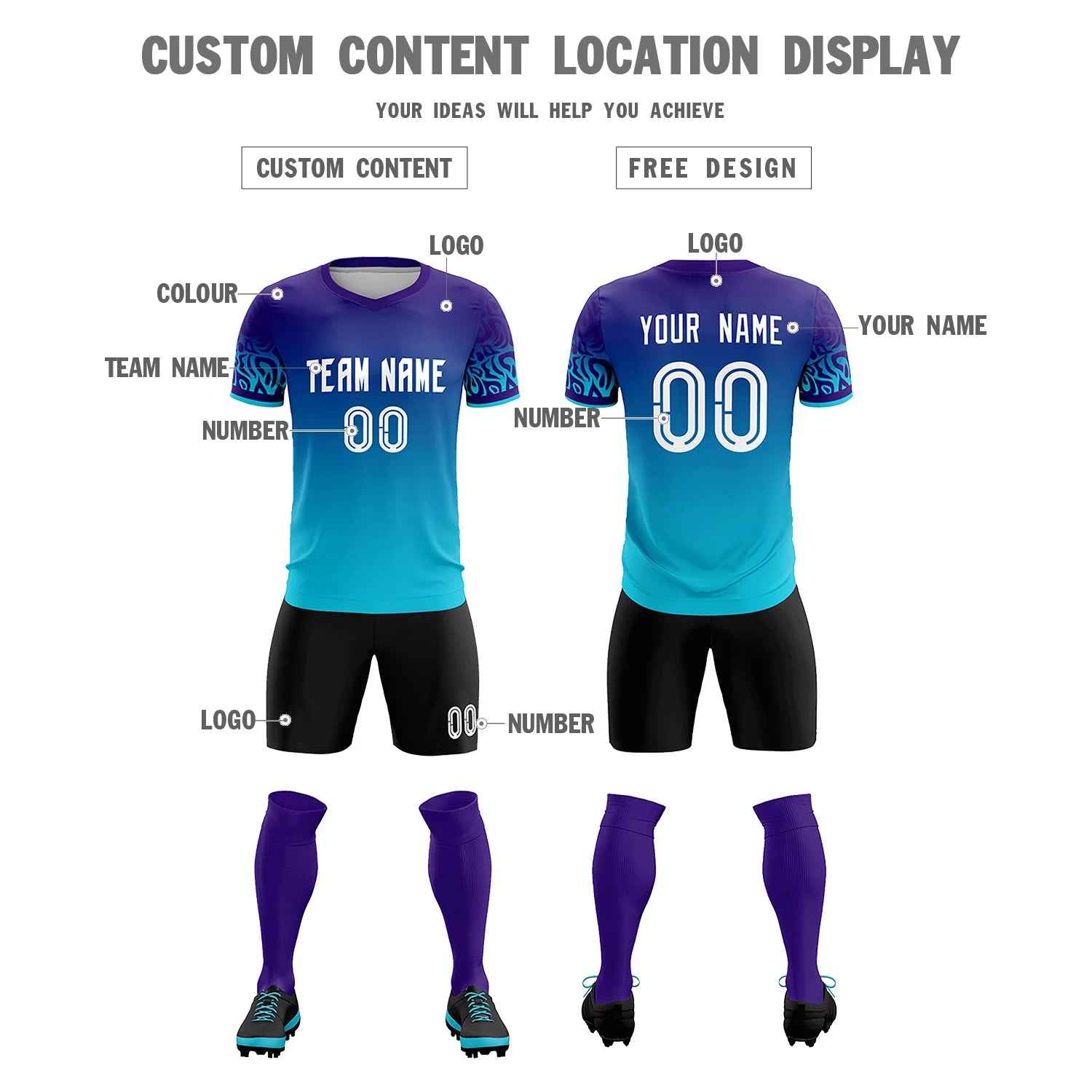 Custom Purple Powder Blue Casual Printing Sportswear Soccer Sets Jersey