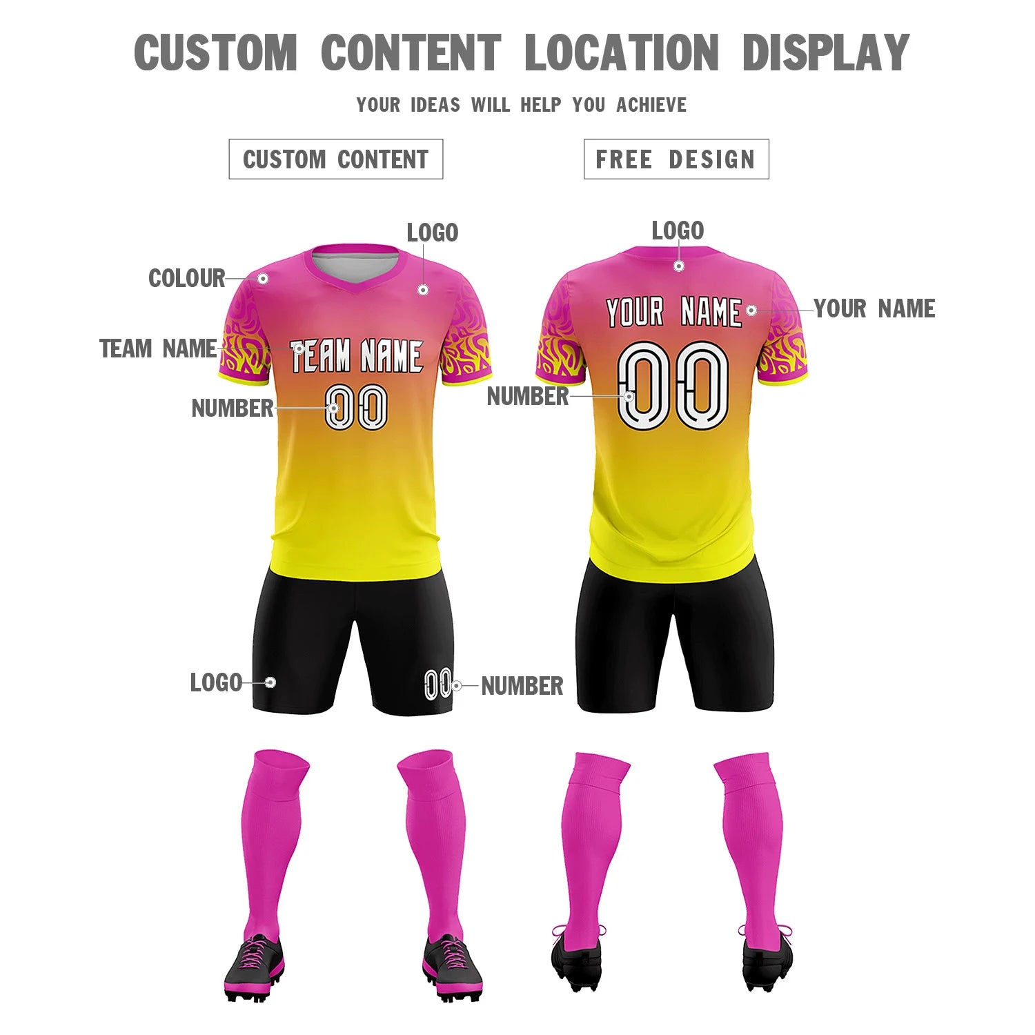 Custom Pink Fluorescent Green Casual Printing Sportswear Soccer Sets Jersey