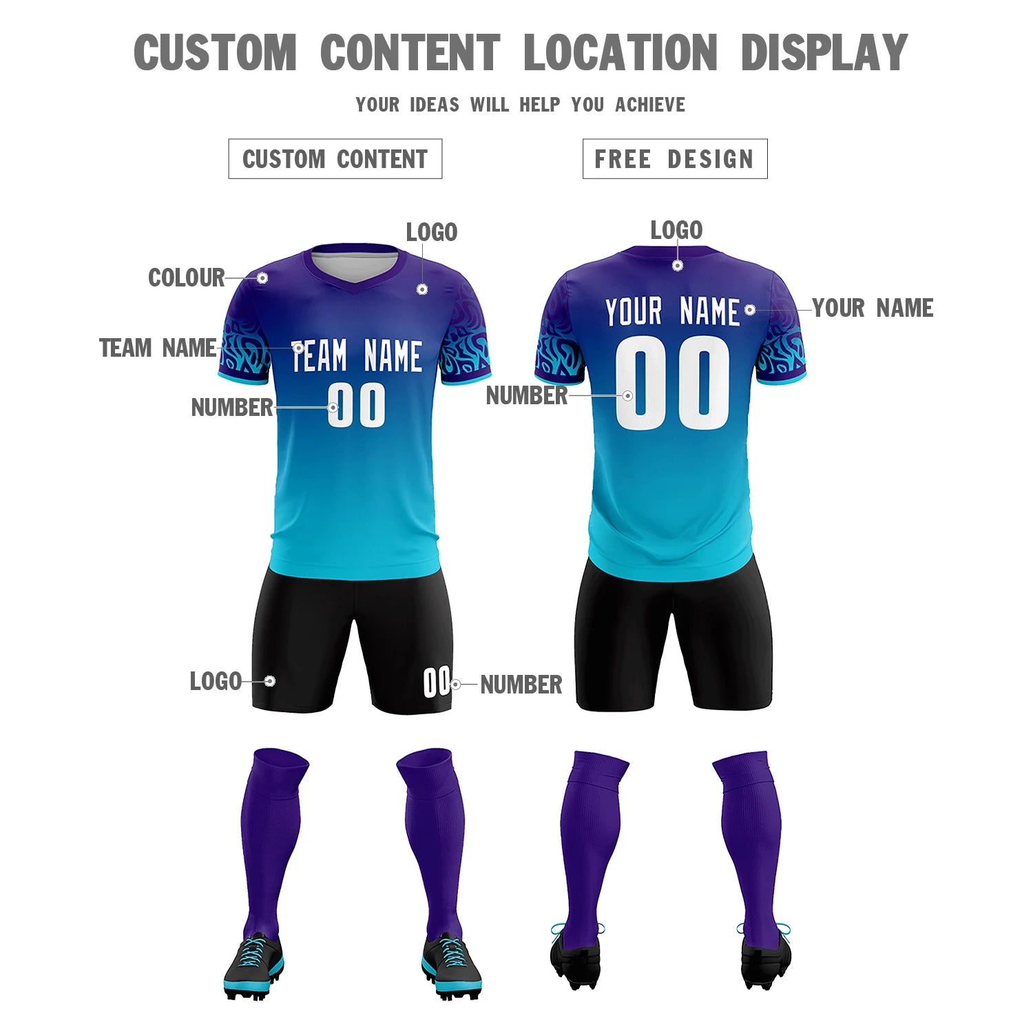 Custom Purple Powder Blue Casual Printing Sportswear Soccer Sets Jersey