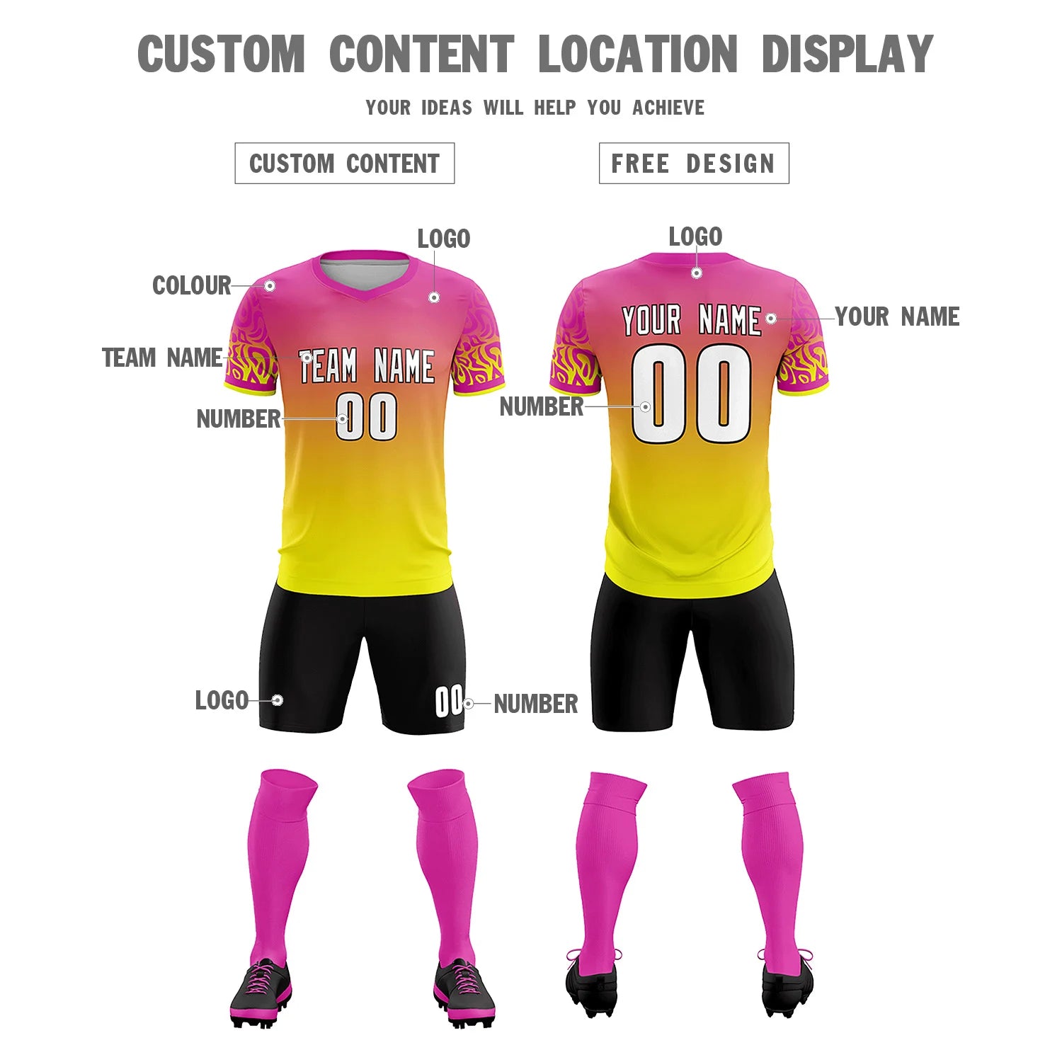 Custom Pink Fluorescent Green Casual Printing Sportswear Soccer Sets Jersey