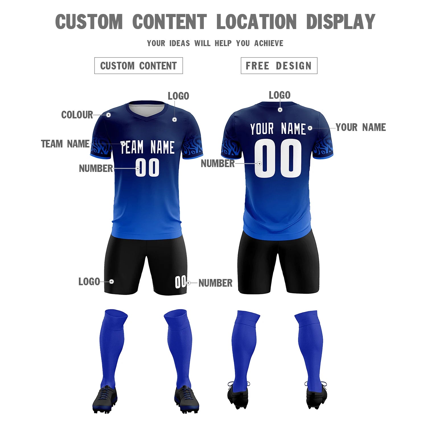 Custom Navy Royal Blue Casual Printing Sportswear Soccer Sets Jersey