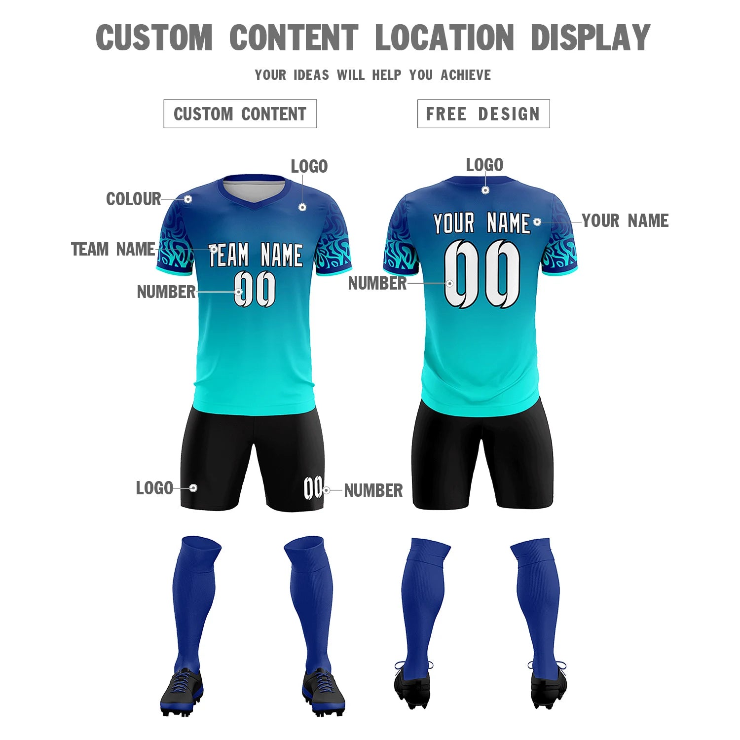 Custom Royal Blue Sky Blue Casual Printing Sportswear Soccer Sets Jersey