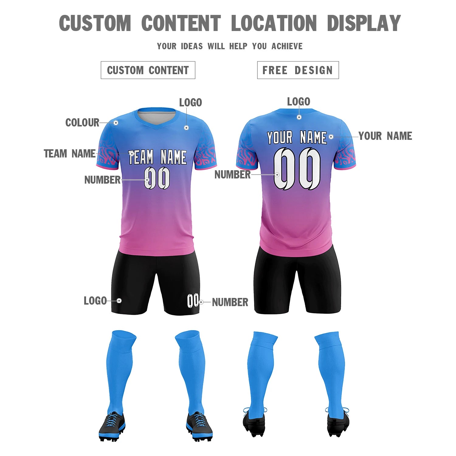 Custom Powder Blue Pink Casual Printing Sportswear Soccer Sets Jersey