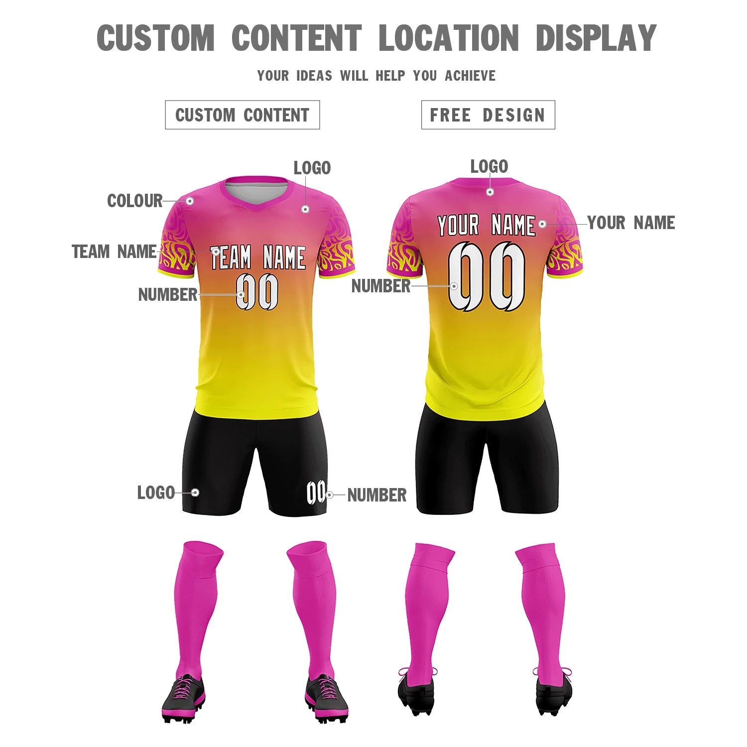 Custom Pink Fluorescent Green Casual Printing Sportswear Soccer Sets Jersey