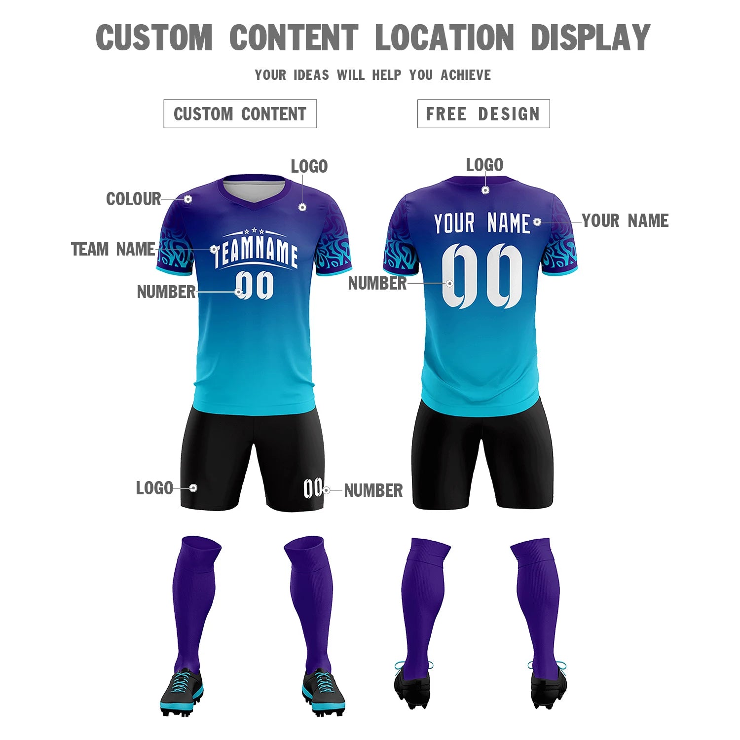 Custom Purple Powder Blue Casual Printing Sportswear Soccer Sets Jersey