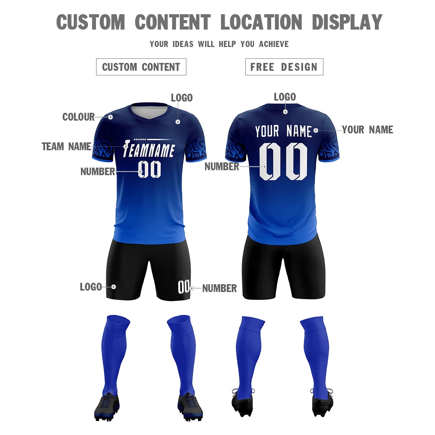 Custom Navy Royal Blue Casual Printing Sportswear Soccer Sets Jersey