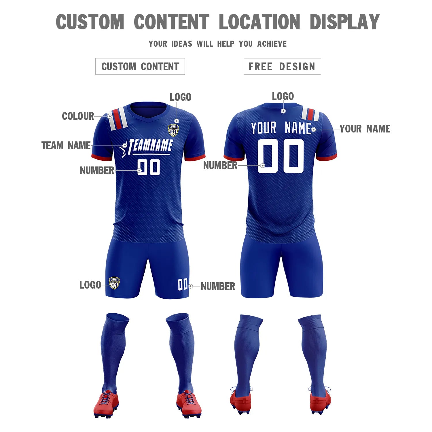 Custom Royal Blue White Shoulder Stripes Sport Soccer Sets Jersey