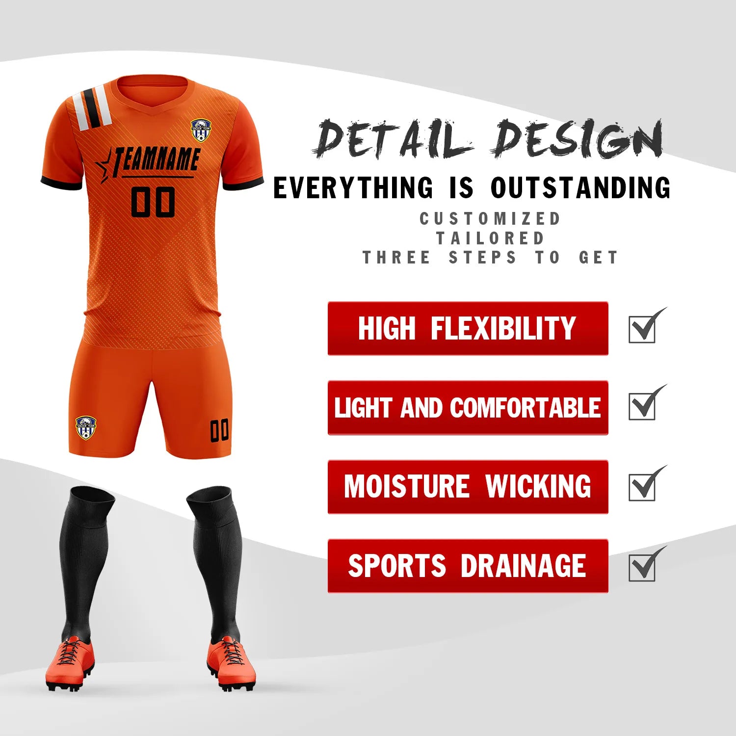 Custom Orange Black Shoulder Stripes Sport Soccer Sets Jersey