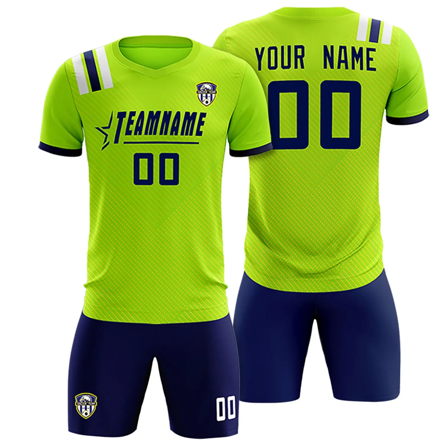 Custom Neon Green Navy Shoulder Stripes Sport Soccer Sets Jersey